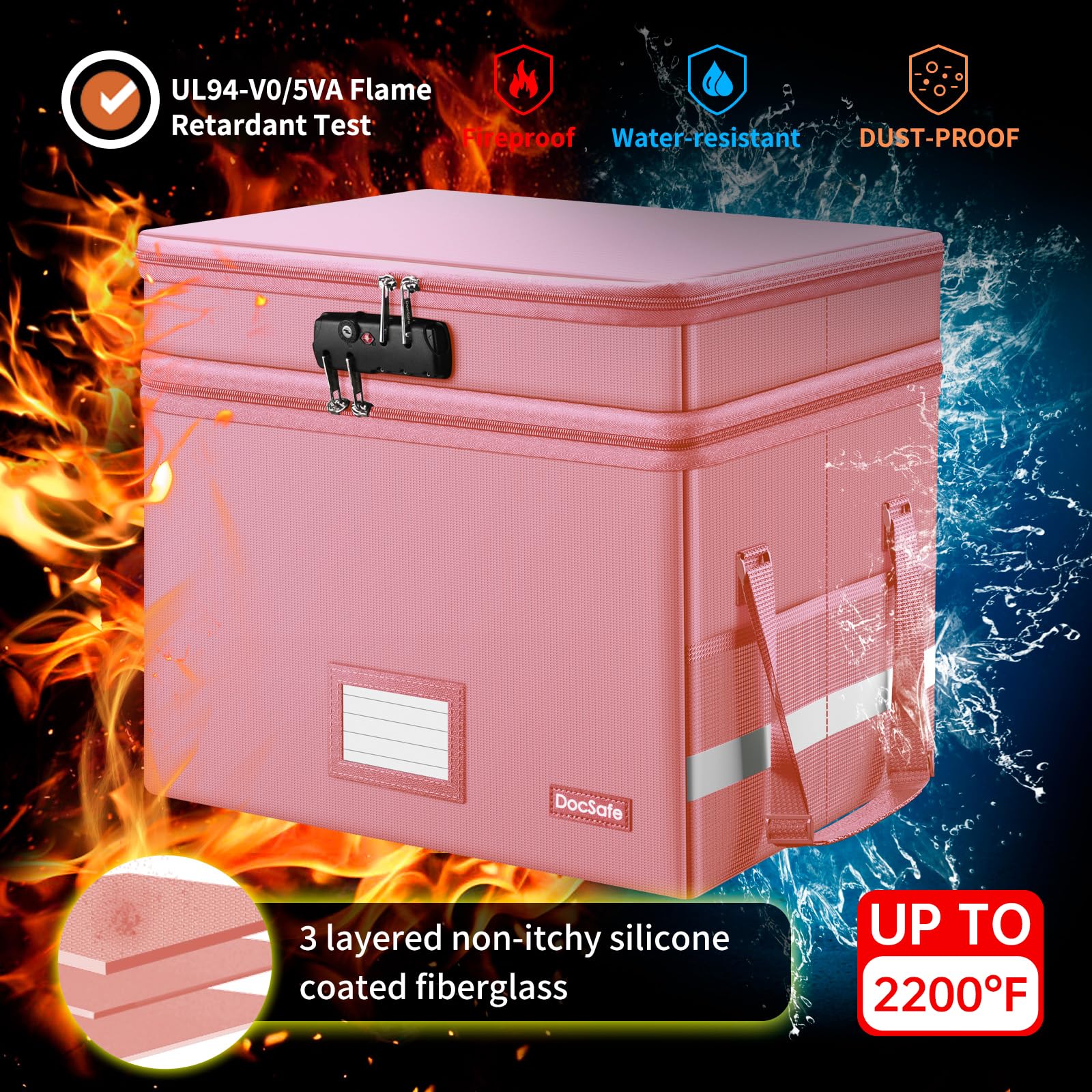 DocSafe Aktenbox mit Schloss, mehrlagige, feuerfeste Dokumentenbox, faltbarer Aktenordner mit Taschen/Griff, zum Aufhängen von Briefen/legalen Größen, Rosa