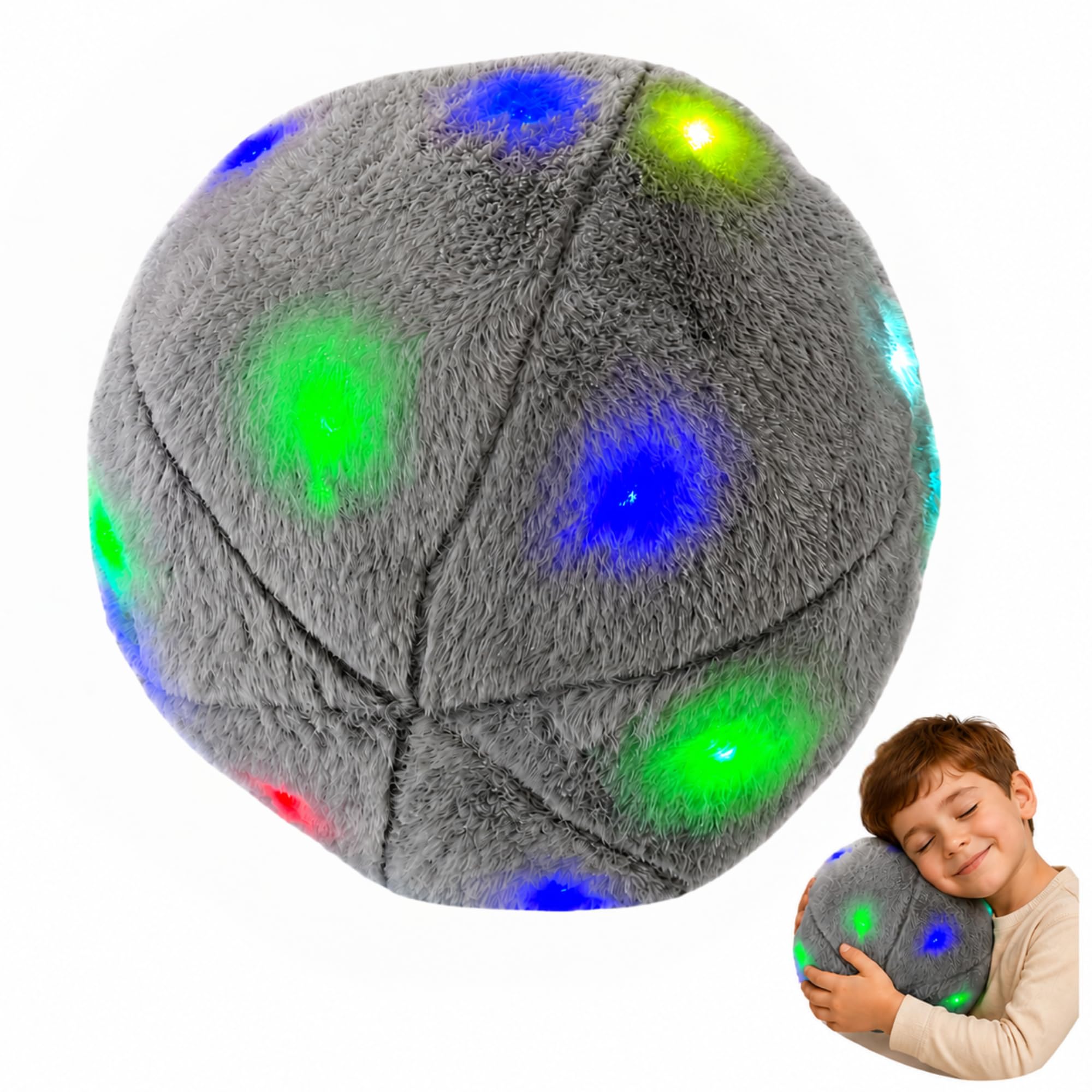 Grey LED Vibrating Cushion, Soft Round Plush Pillow with Colour Changing Lights, Gentle Vibration for Home, Classroom & Cosy Quiet Play, 32cm Diameter x 22cm