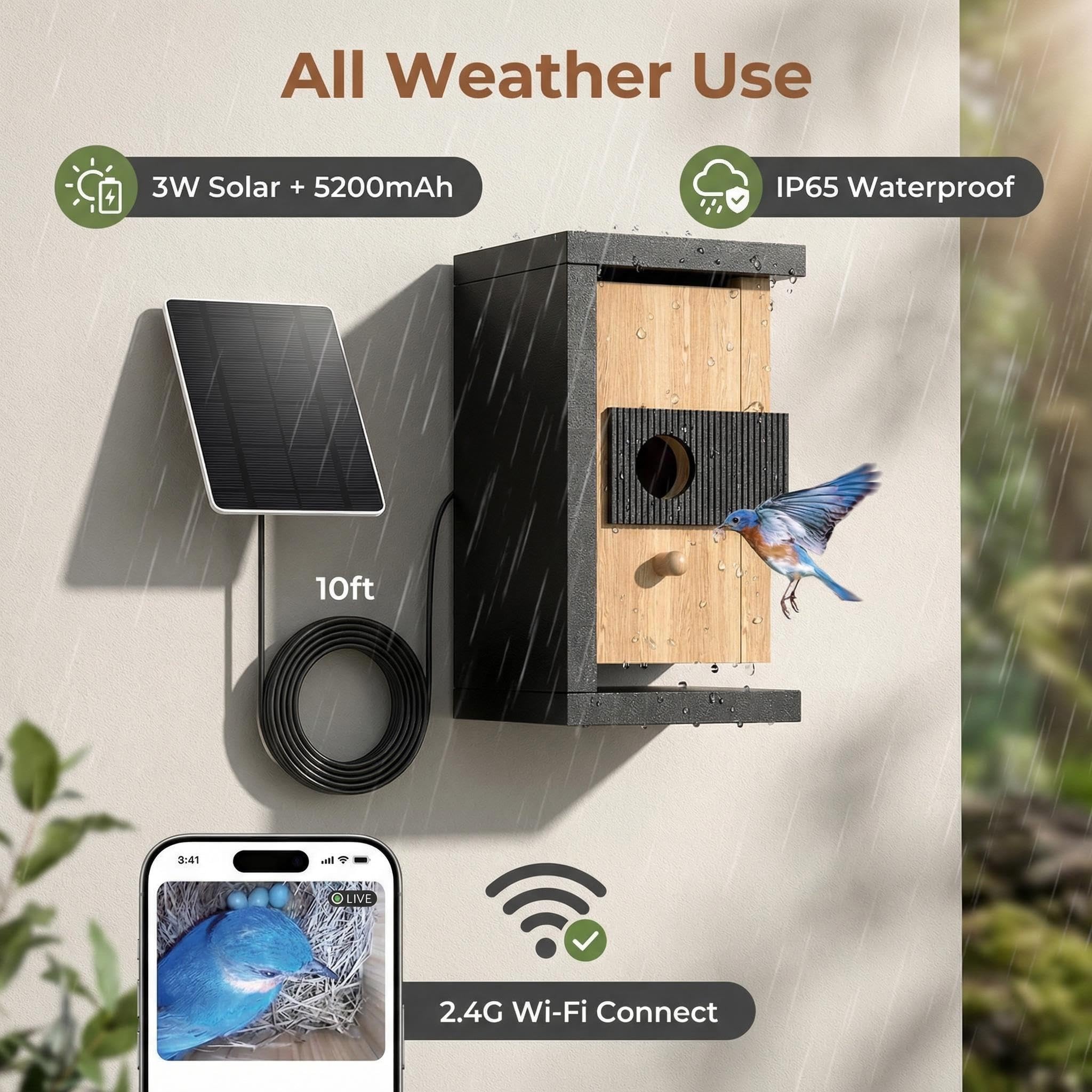 Smart Bird House with Camera Solar Powered, 2K Live Video & Night Vision for 24/7 Nesting Recording, Auto Detect & Notify, Ideal Nature Gift for Bird Lovers, AI Identify Lifetime Free - 2