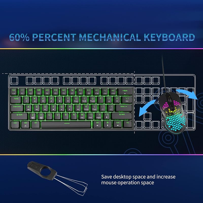 Dierya DK61se Mechanikus Gamer Billentyűzet, 60% Kompakt, 61 Gombos, Kék Kapcsolós, Anti-Ghosting, USB-C, Kék Háttérvilágítás, Windows Kompa