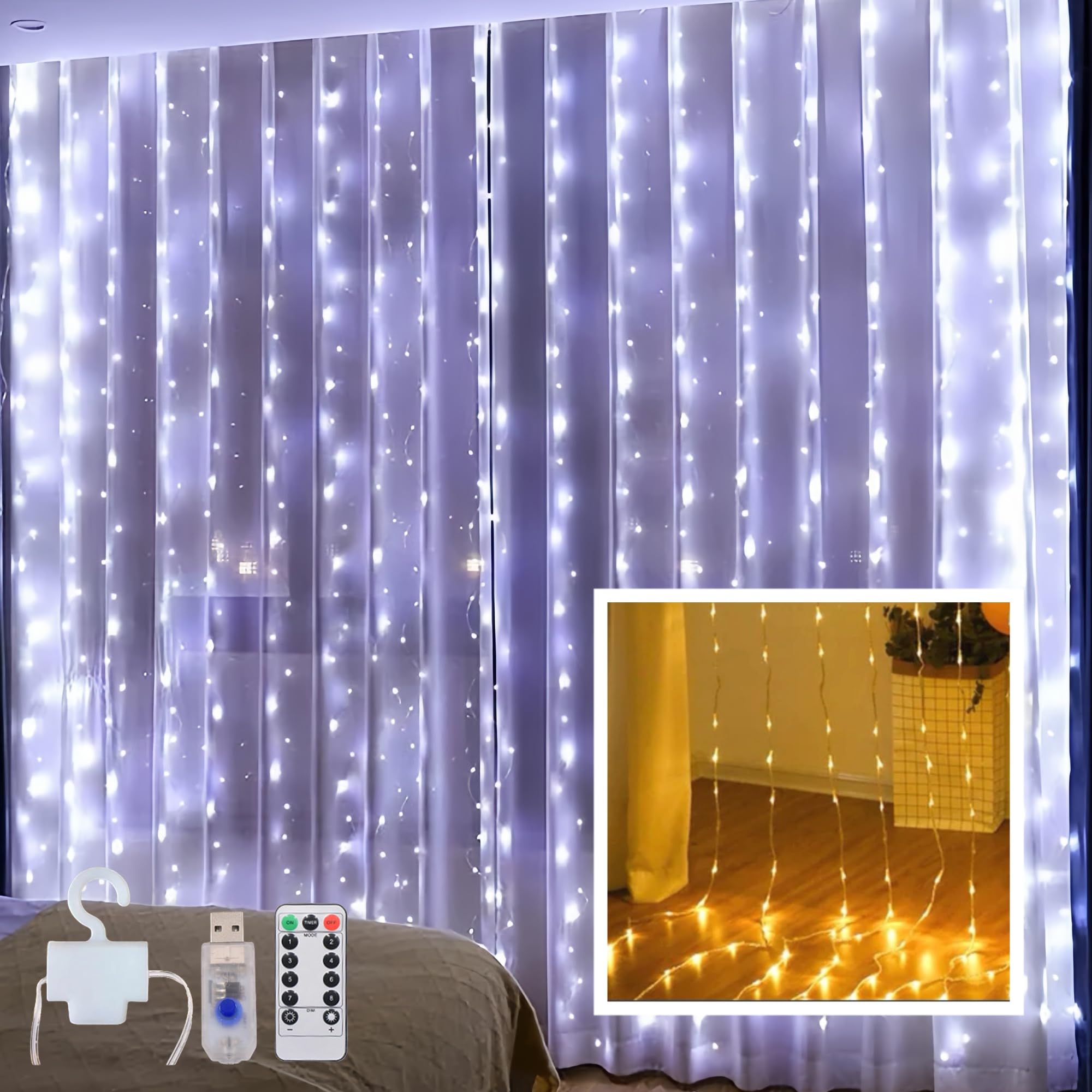 Clearhill 3 * 3Curtain String Lights 300LED White 8 Modes Soft Wire Curtain Lights with Remote & Timer, USB Operated