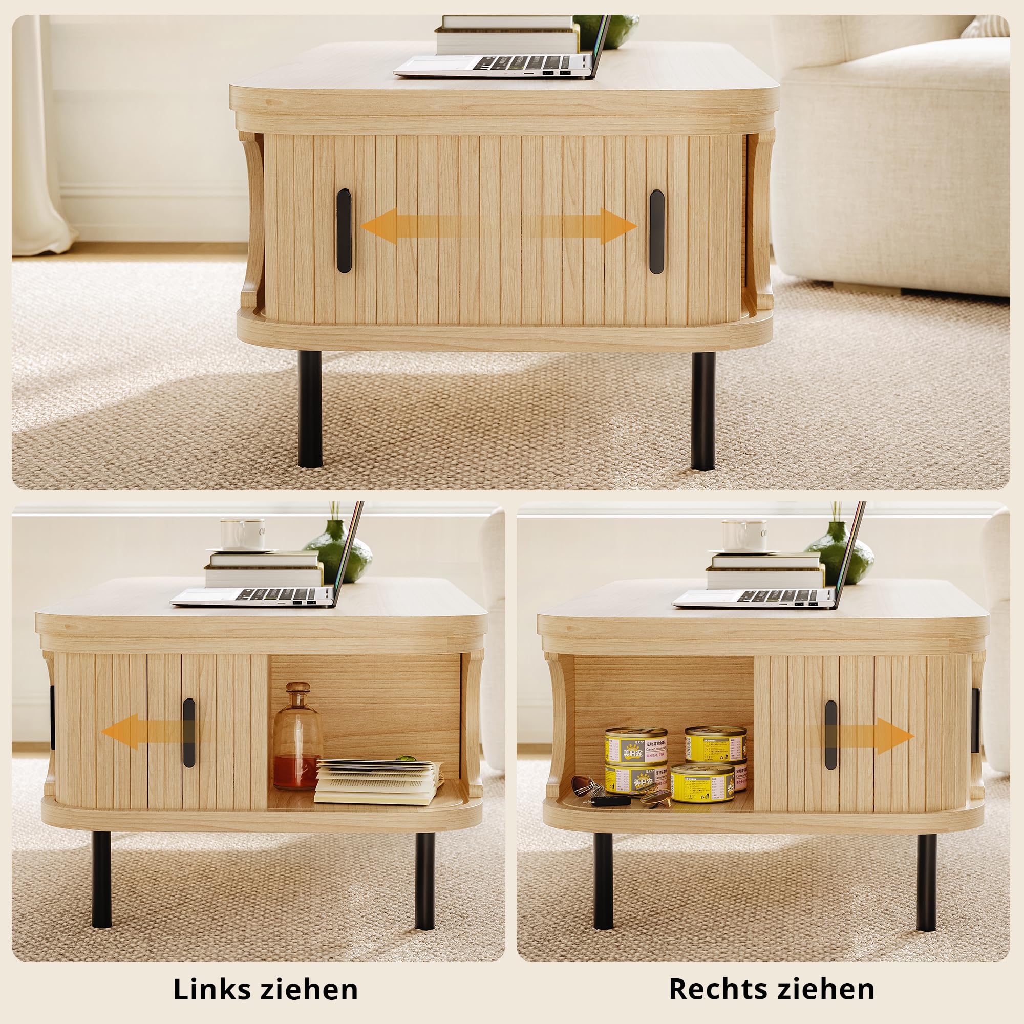 IRONCK Couchtisch höhenverstellbar, Wohnzimmertisch mit Stauraum, Holz Kaffeetisch mit Schiebetüren, verstecktes Fach, offenes Fach, für kleine Räume, Wohnzimmer, Homeoffice, 101x51x52cm, Eiche Hell