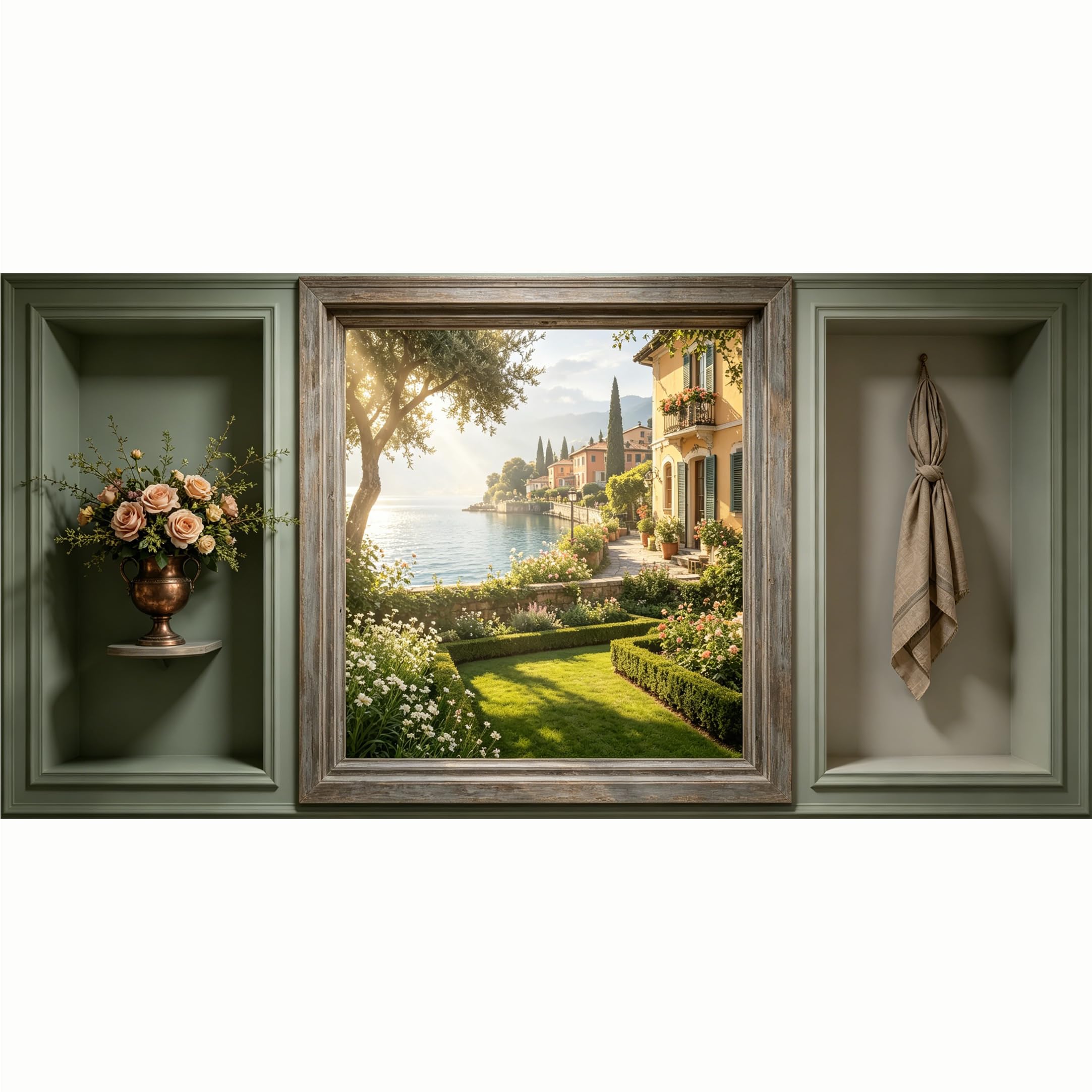 QZLITHOTIC 50x100cm 3D Framed Wall Art， Mediterranean Lakeside Villa Coastal Landscape Self‑Adhesive Mural， Water‑Activated Peel & Stick Fabric Decor Wall Decal for Bedroom Living Room