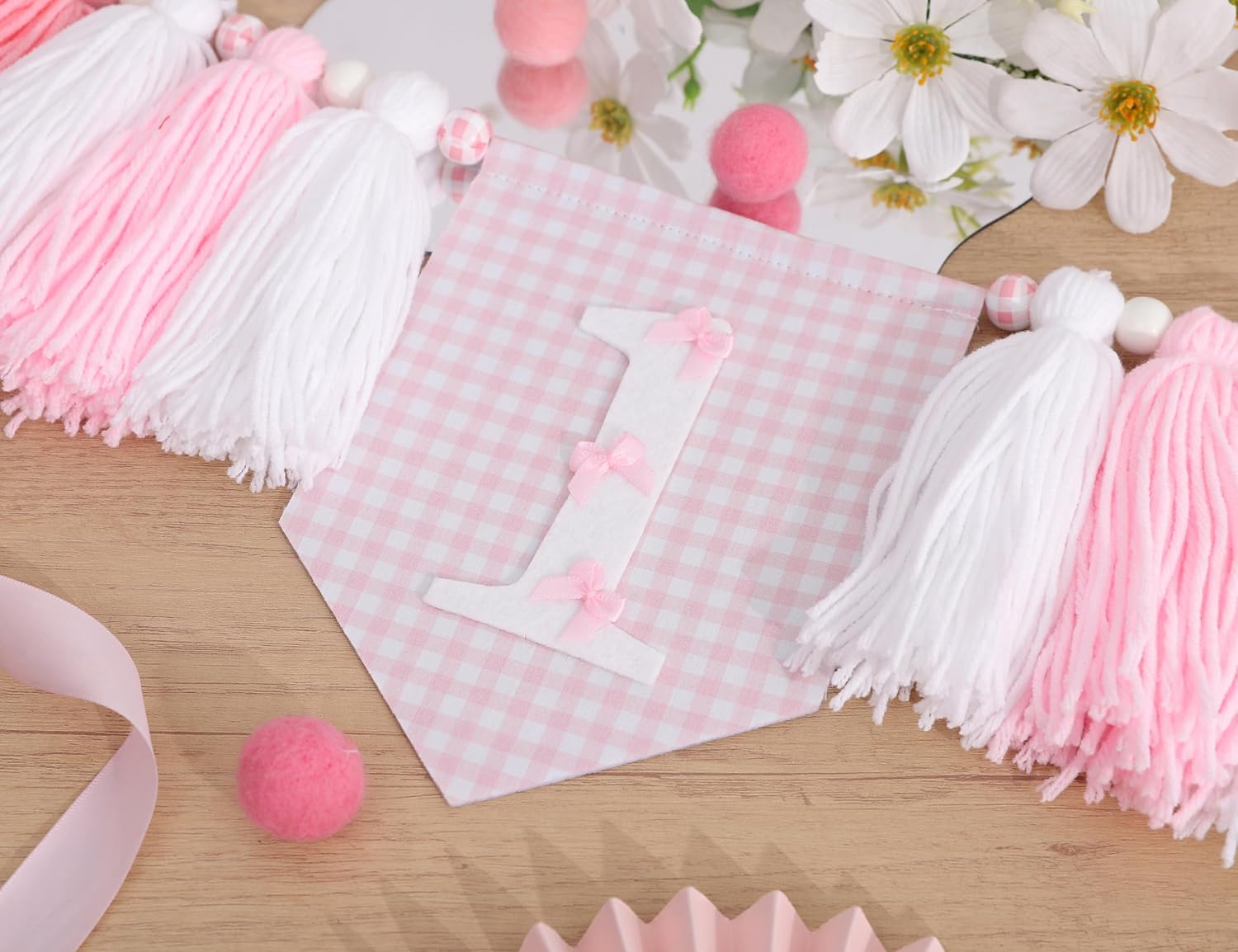 Pink Bow 1st Birhday High Chair Banner for Girls - Pink and White Gingham Tassel Highchair Banner, Coquette Girl 1st Birthday Decor, Girls Just Wanna Be One Bday Decorations - Image 7