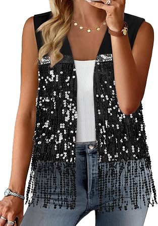 ZXZY Womens Sequin Fringe Sleeveless Vest Sparkly Lightweight Fitted Jacket Cardigan