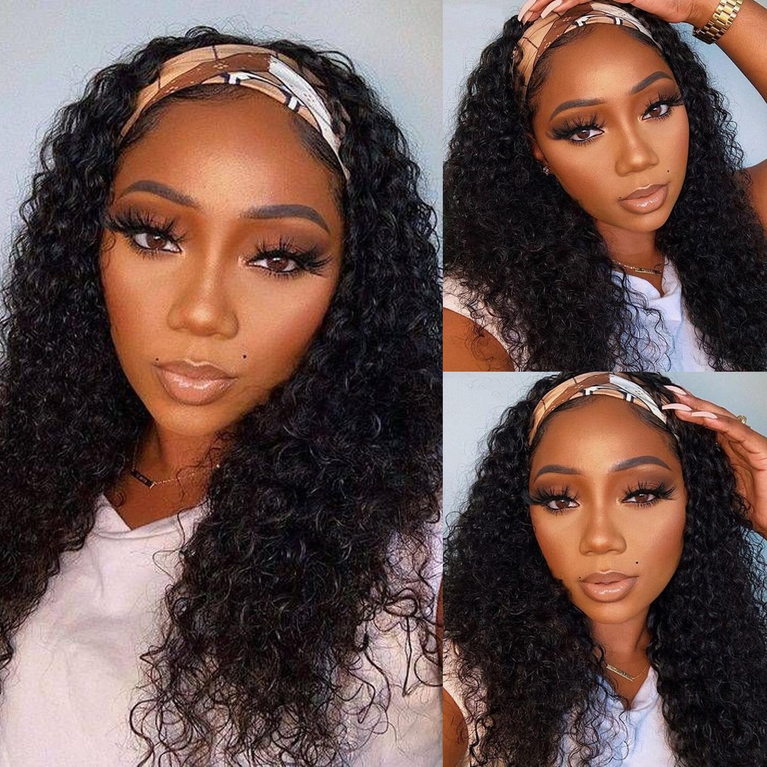 NICMISS Deep Wave Headband Wig Human Hair 22 Inch Curly Headband Wigs for Black Women Human Hair Glueless None Lace Front Wig Brazilian Virgin Hair Wear and Go Wigs 150% Density Natural Black Color