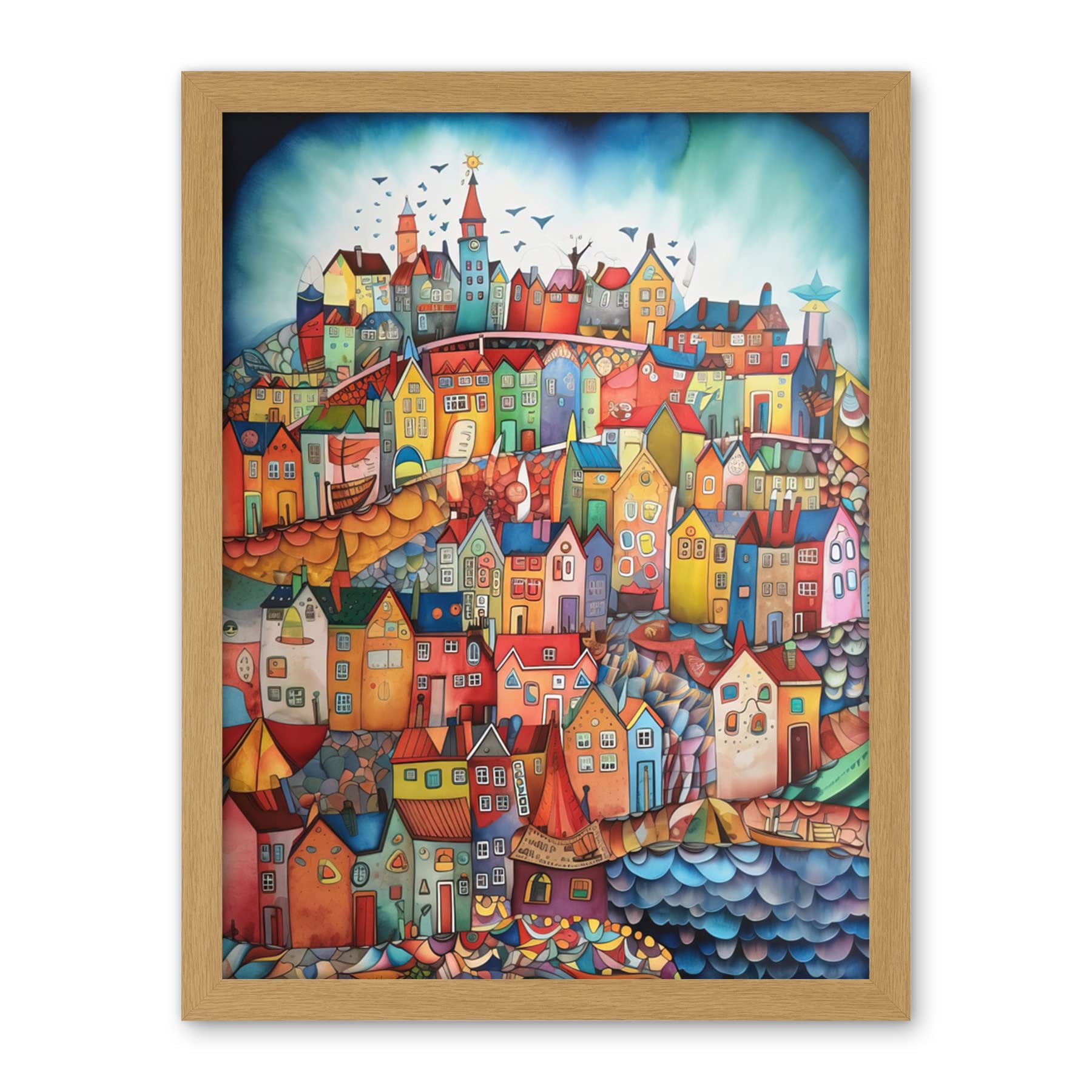 Artery8 Abstract Fishing Village Folk Art Artwork Framed Wall Art Print 18X24 Inch