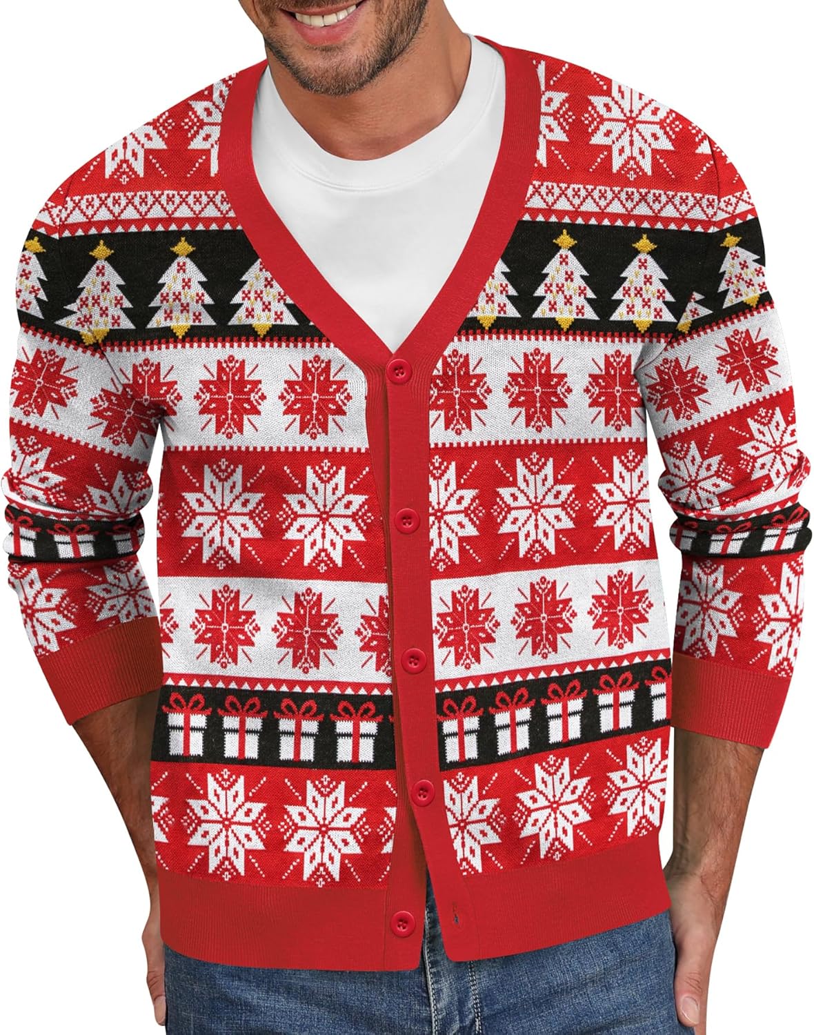 NITAGUT Mens Christmas Ugly Cardigan Sweater Reindeer Snowflake Xmas Sweater Casual Long Sleeve Knitwear