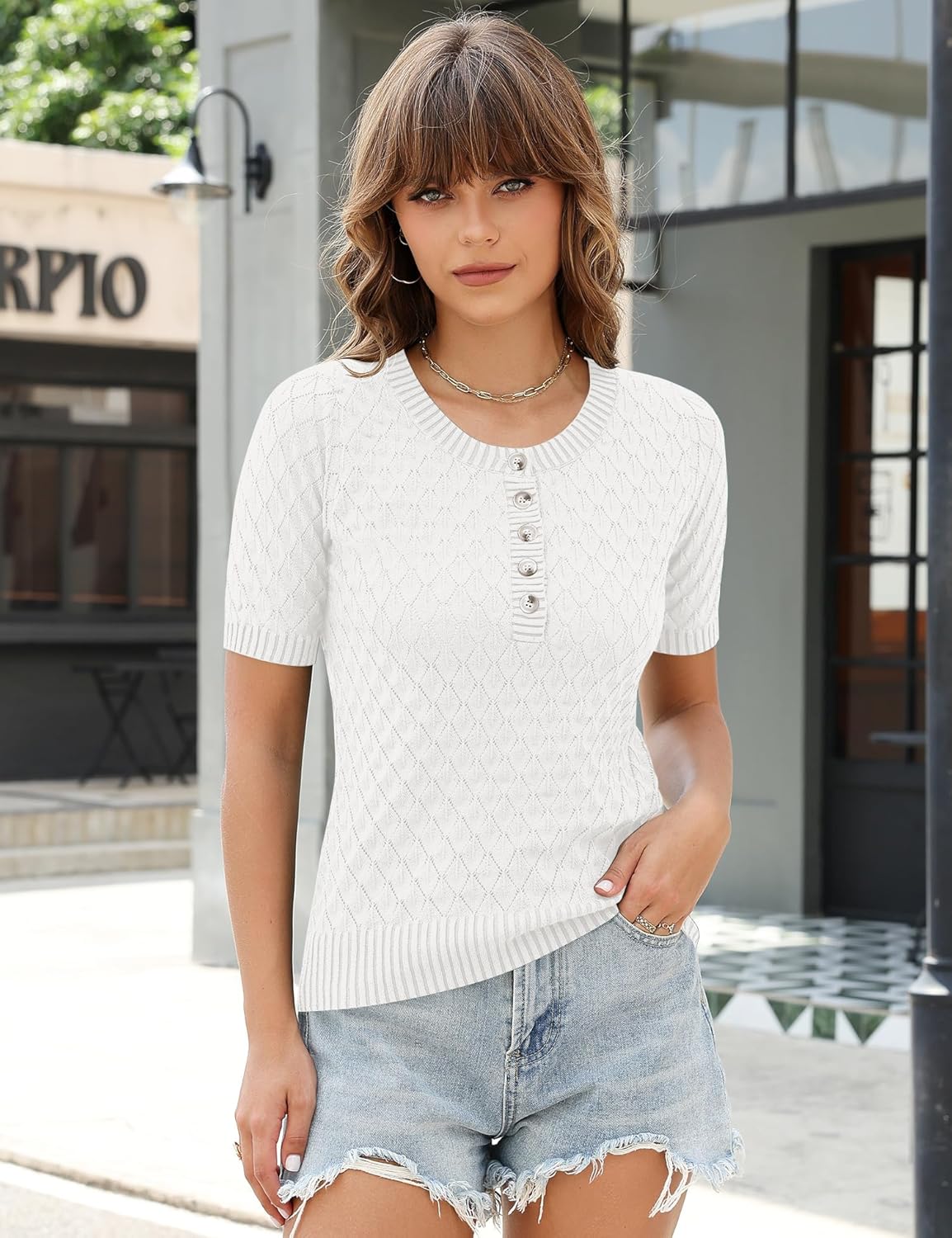 Kistore Womens Short Sleeve Sweater Spring Summer Tops Dressy Casual Lightweight Crewneck Pullover Henley Blouses - Image 3