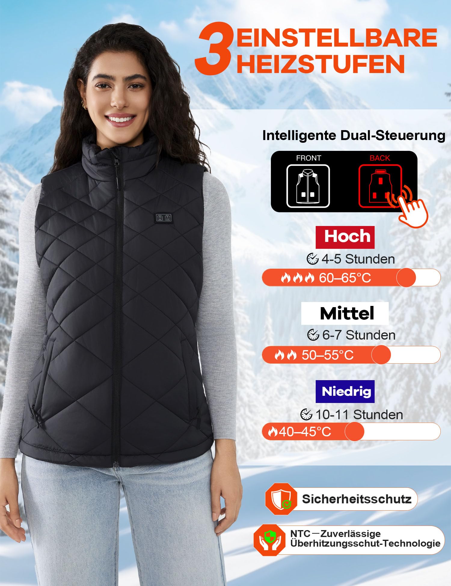 Heizweste Damen mit 18400mAh 7,4V Powerbank, beheizbare Weste Stepp, Leichte Elektrische Wärmeweste für Winter
