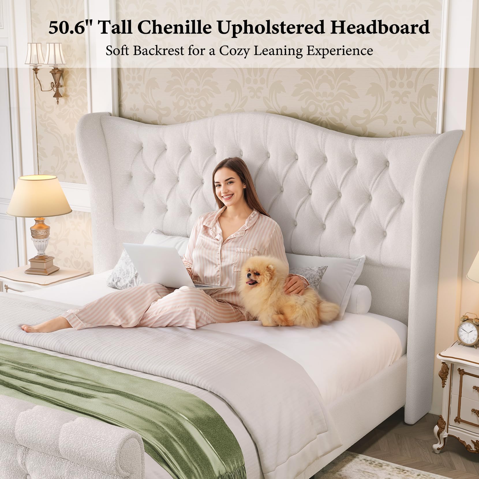 koorlian Queen Size Bed Frame,Upholstered Platform Chenille Sleigh Bed,51" Scroll Wingback Tall Headboard Footboard,Deep Button Tufted,Easily Assemble,Wood Slats Support,No Box Spring Required-Cream