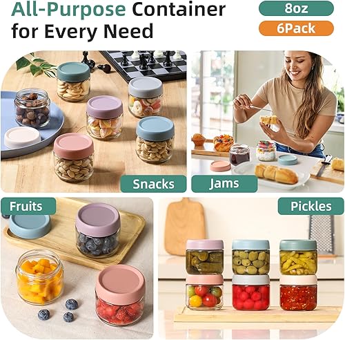 Miniatura 7 de NETANY Paquete de 6 tarros de vidrio de 8 onzas con tapas herméticas, recipientes de avena con tapas, tarros de ensalada Mason de boca ancha,