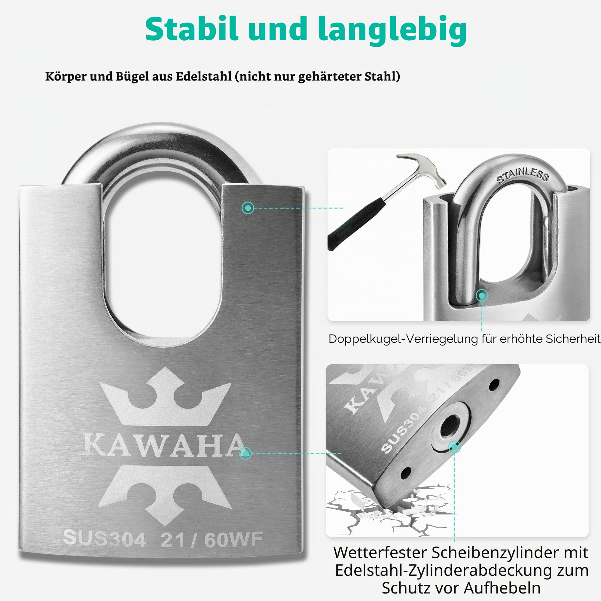 21/60-2HP Hochsicherheits-Vorhängeschloss aus Edelstahl mit Edelstahlschlüssel für den Innen- und Außenbereich (schwere Ausführung, rostfrei) (60 mm, gleichschließend, 2er-Pack)