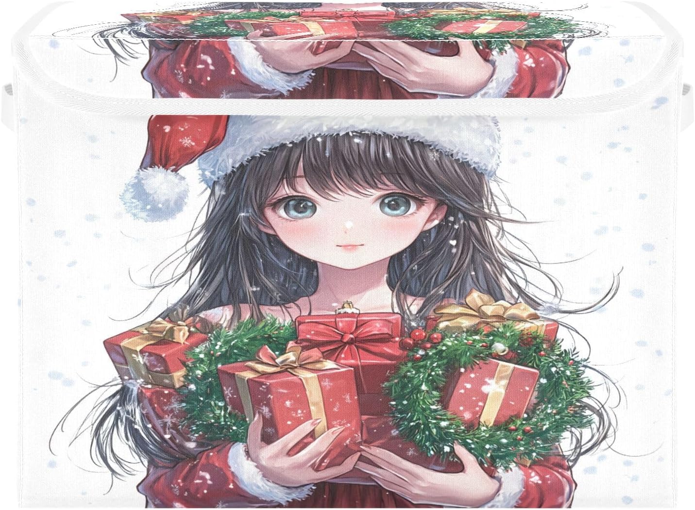 Anime Girl Holding Christmas Presents Storage Bin with Lid and Handle, Collapsible Organizer Basket for, Laundry, Closet, Bedroom - 16.5x12.6x11.8 In