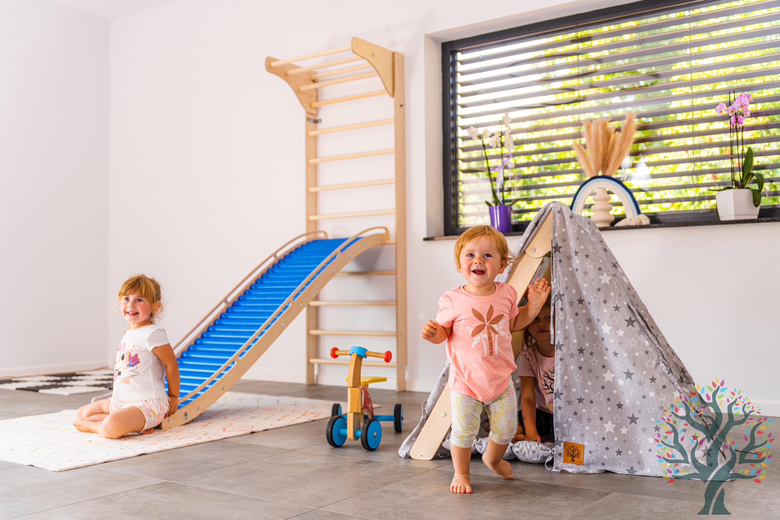 WoodsCraft 3in1 Wellenrutsche mit Kletterdreieck, Sprossenwand für Kinderzimmer & Kinderzelt Indoor | Rutsche Outdoor & Indoor | Kinderrutsche-Rollenrutsche | Kinder & Baby Rutsche für den Garten