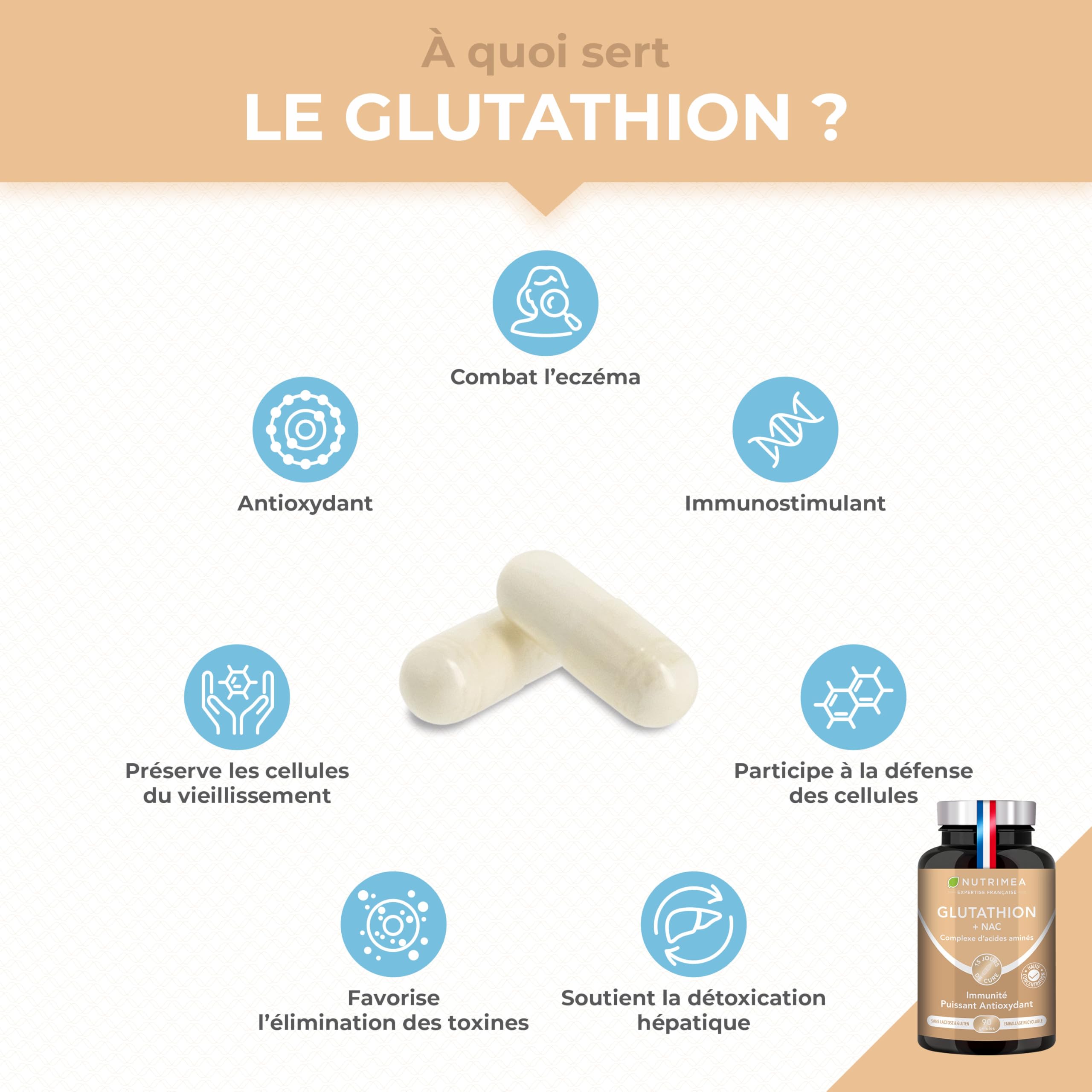 à quoi sert le glutathion GLUTATHION - Réduit à 98% - Formule avec Précurseurs dont NAC + Vitamine C  - Renforce l'Immunité, Antioxydant - Anti-âge, Peau Illuminée - 90 Gélules  Vegan - Nutrimea