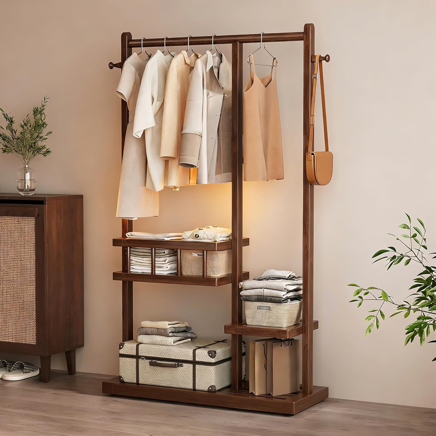 Bamboo Rotary Coat Rack With Shelves And Hooks Freestanding Coat Hat Stand Entryway Heavy Duty Hall Hanger Stand Portable Closet Organizer for Hanging Clothes For Living Room,Tea brown,35.4in