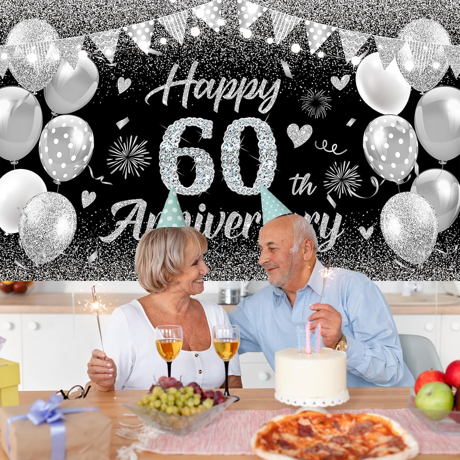Happy 60th Anniversary Banner Decor Black Silver – Glitter Love Heart Happy 60 Years Wedding Anniversary Party Backdrop Theme Decorations for Women Men Supplies - Image 7