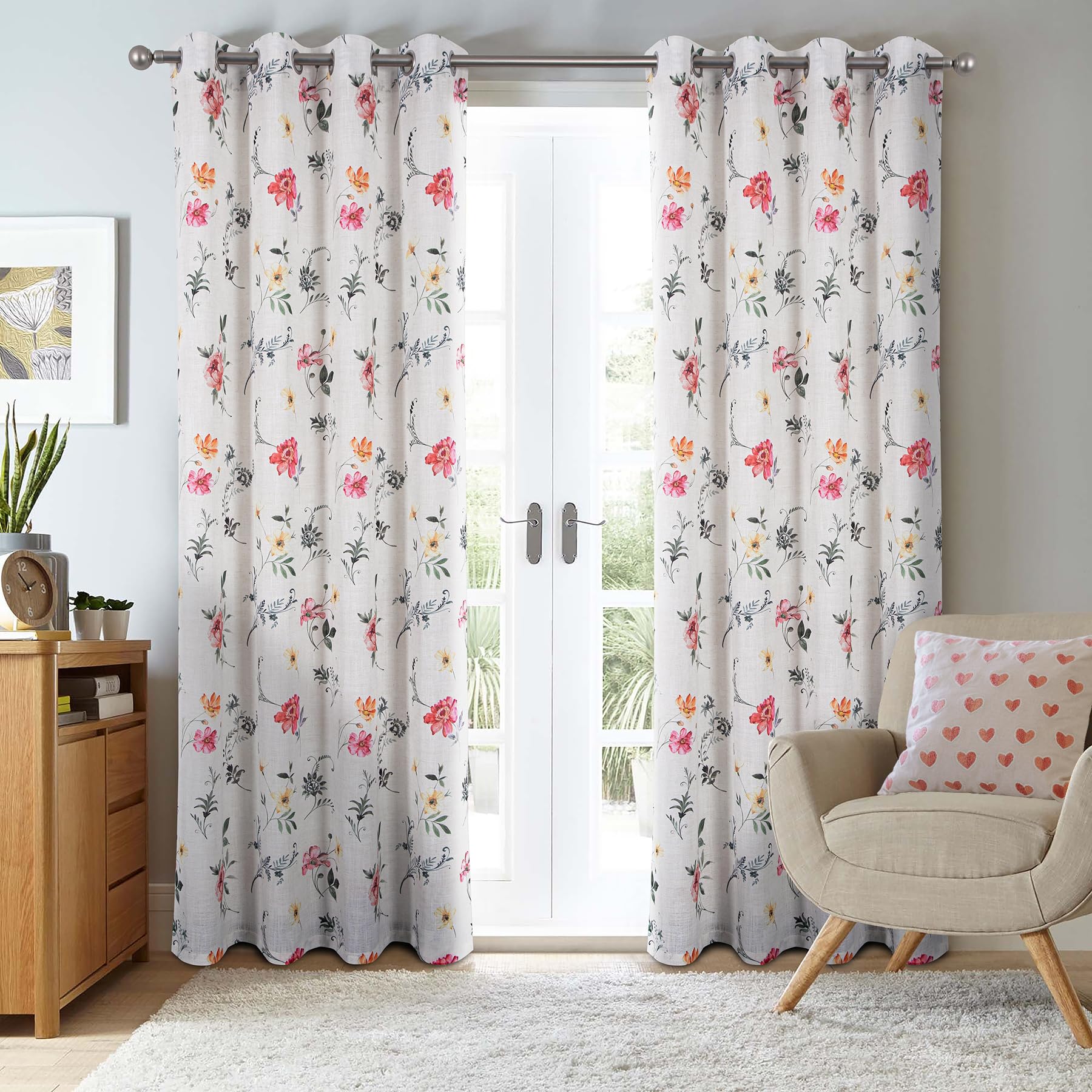 always4u Rideaux à Fleurs Classiques Vintage en Faux Lin, Rideau Semi-Transparent avec des Éléments Naturels, Filtrage de la Lumière, pour Salon et Chambre,Pivoine,140x245cm Lot de 2