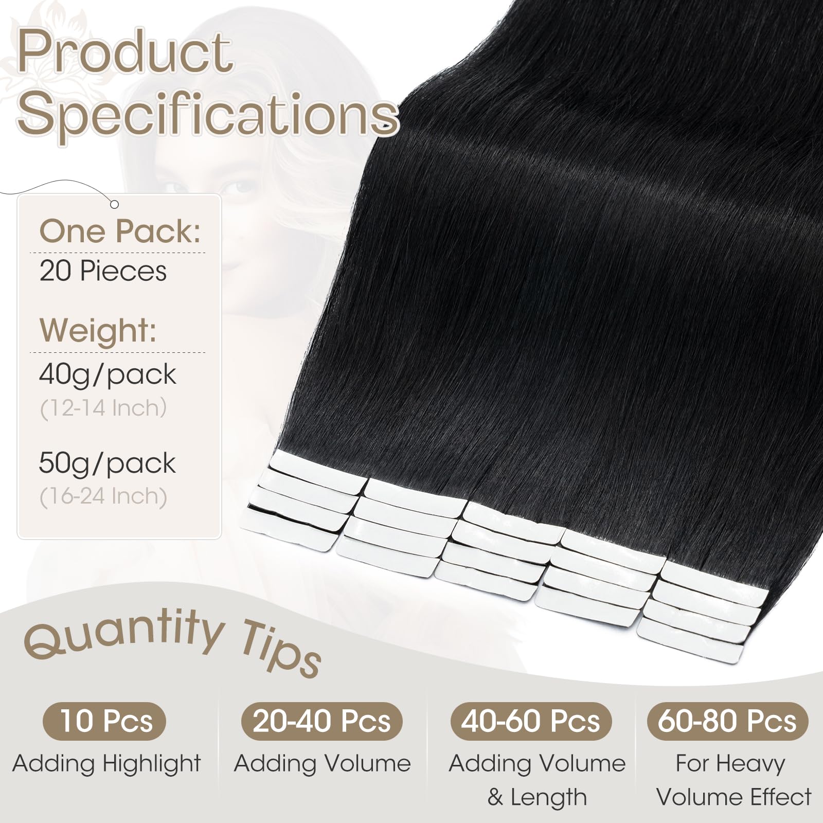 Elailite Tape in Hair Extensions Real Human Hair 20 PCS 24 Inch 50g Long Straight Skin Weft Remy Hair Extension - #1 Jet Black - Image 4