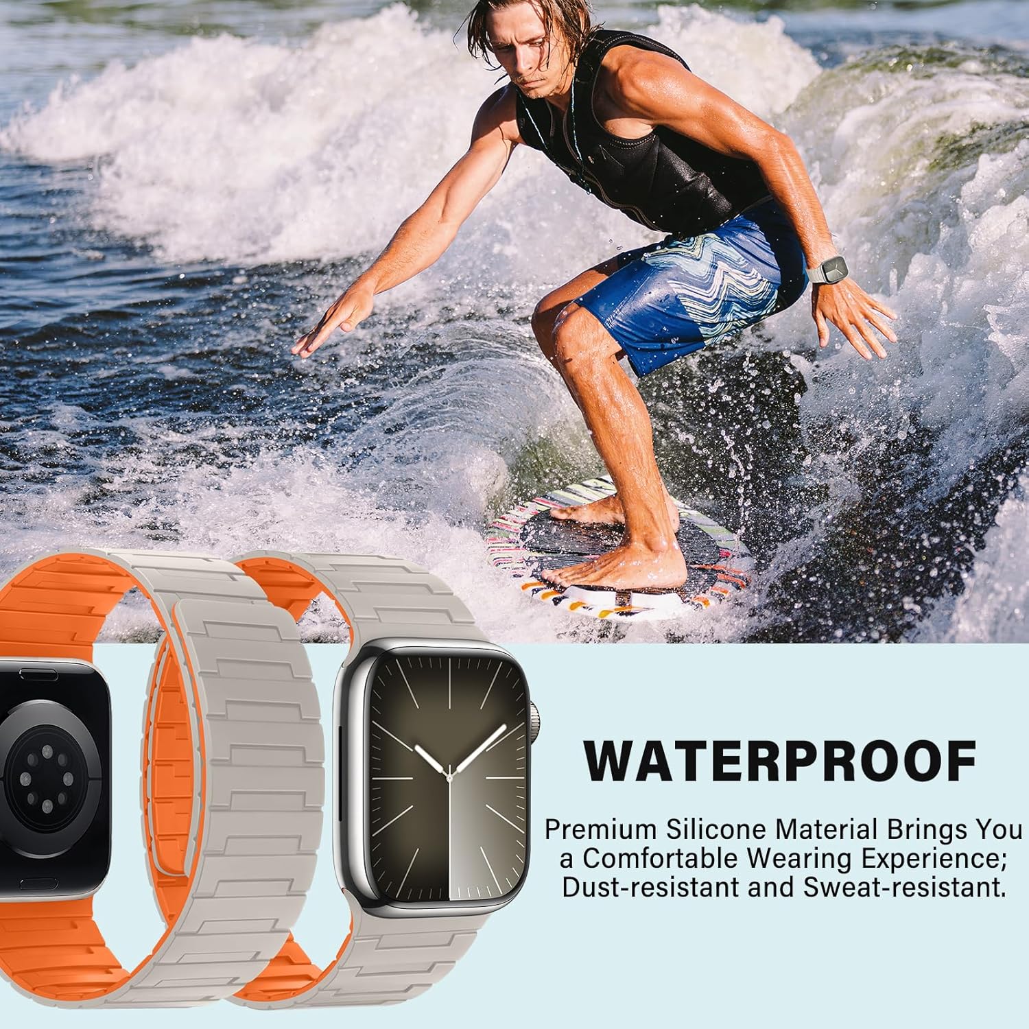 Bisikor Magnetic Bands Compatible with Apple Watch Band 49/46/45/44/42/41/40/38mm Men Women Silicone Sport Wristband for iWatch Ultra SE Series 11 10 9 8 7 6 5 4 3 (38/40/41/42, Starlight/Orange)