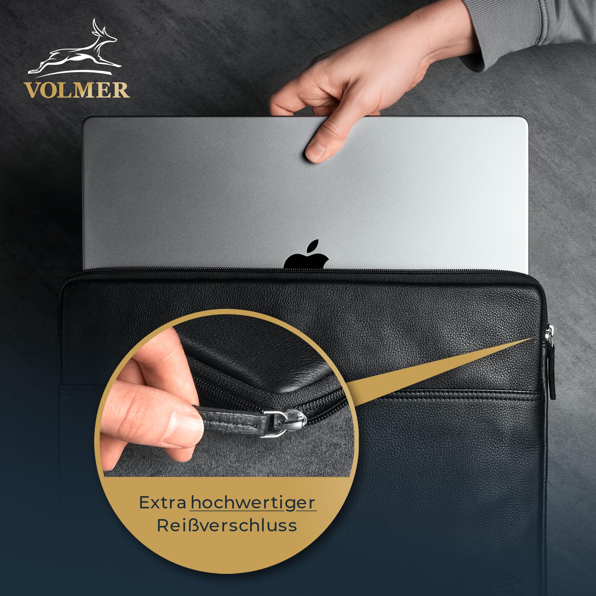 Fa.Volmer Funda para portátil de 15,6 pulgadas, piel de búfalo, color marrón, con cremallera de metal, acolchada, para MacBook, Microsoft Surface, iPad, Tablet - Dimensiones interiores: 37 x 26 x 3 cm