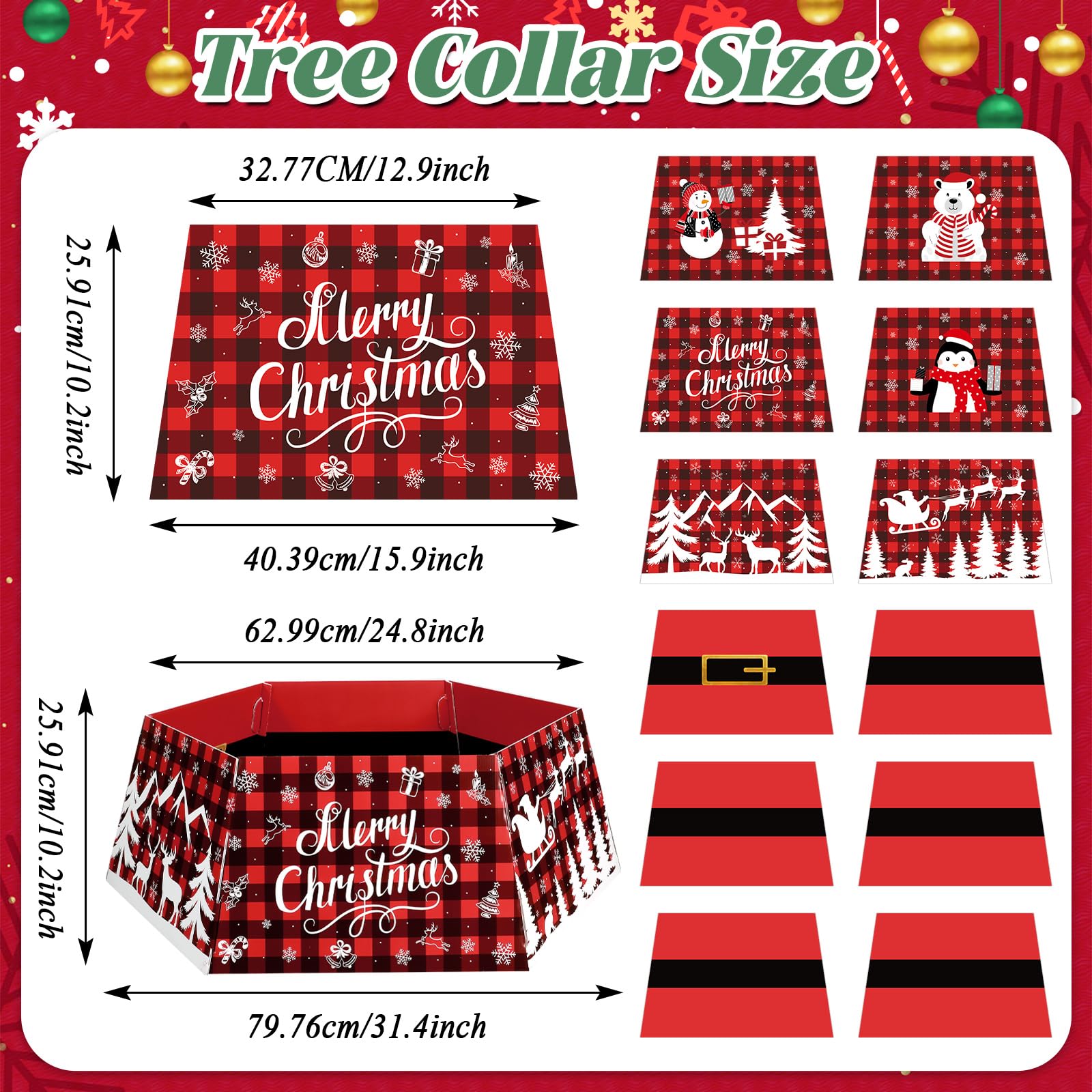 Christmas Tree Collar Red and Black Buffalo Plaid Xmas Tree Ring Double Sided Hexagon Splicable Artificial Christmas Tree Skirt Base Cover with 6 Patterns for Christmas Party Holiday Home Decorations