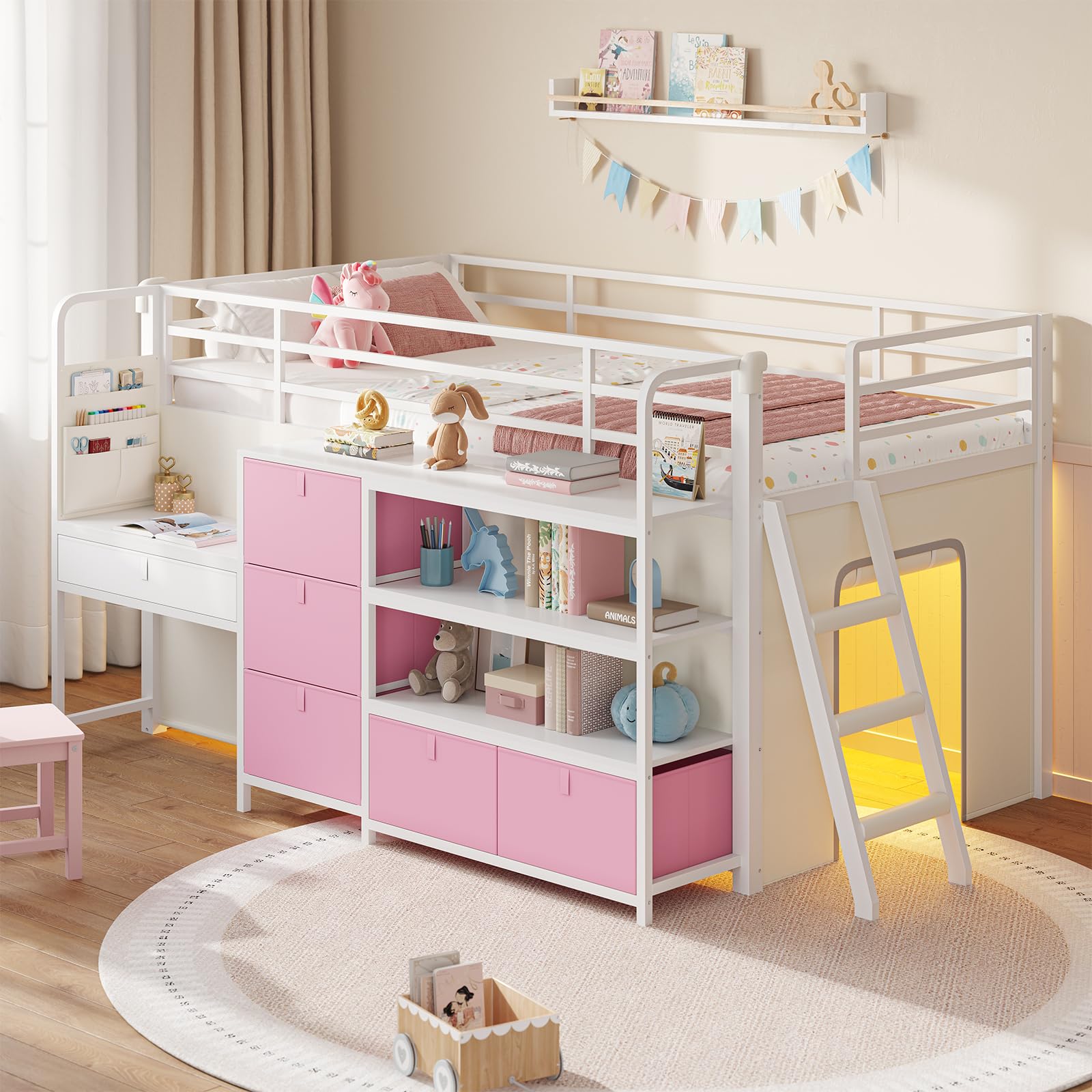 DICTAC Low Loft Bed with Desk and 6 Storage Drawers Twin Loft Bed with Bookshelf,LED Lights & Under-Bed Play Space,Kids Twin Beds with 13.8''H Safety Guardrail,Inclined Ladder&Play Curtain,Pink+White Pink+white Twin