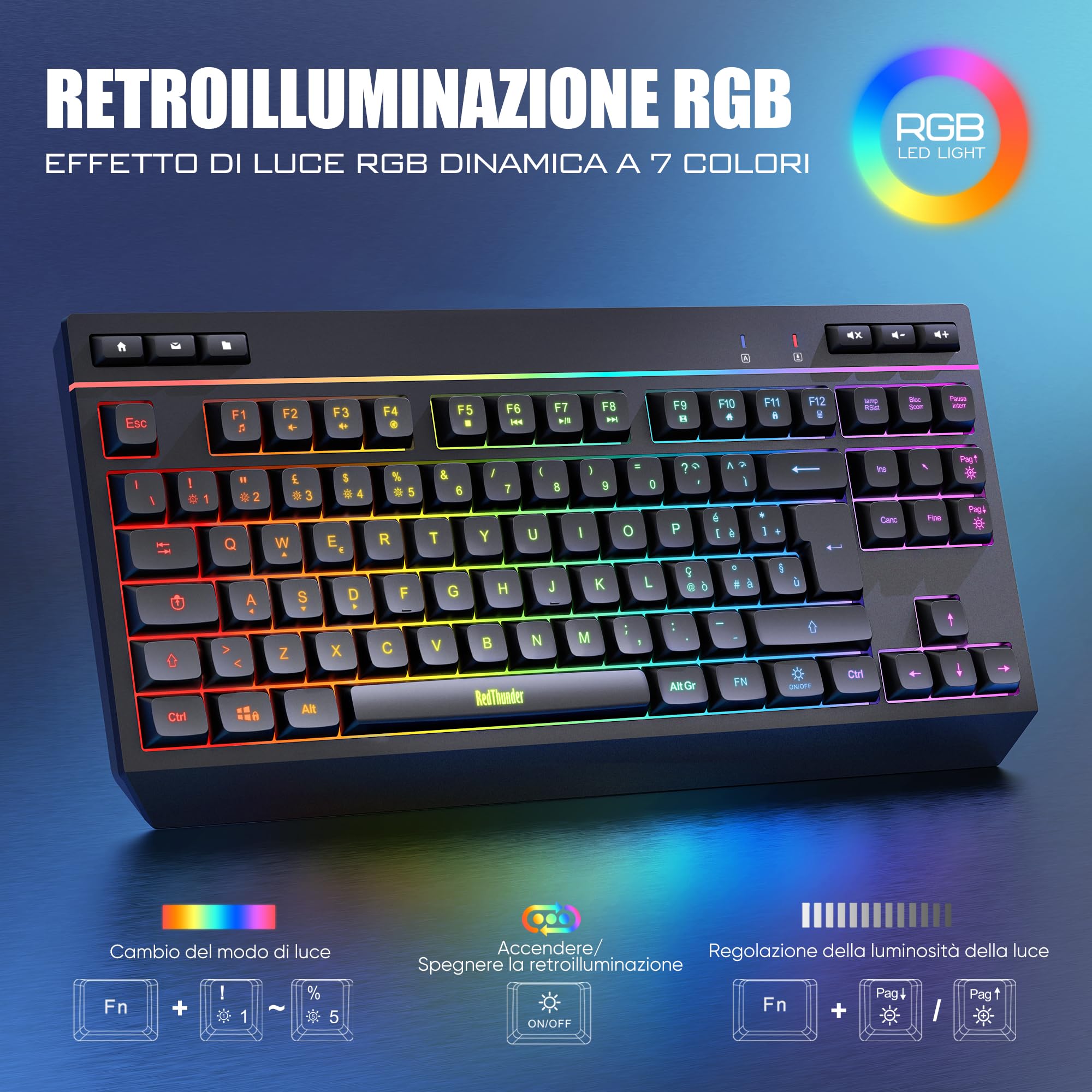 RedThunder K20 TKL Tastiera Wireless Gaming,Batteria Ricaricabile con Retroilluminazione RGB Regolabile,QWERTY Layout IT compatto con 6 tasti multimediali dedicati,USB Tastiera per PC/Laptop(Nero)