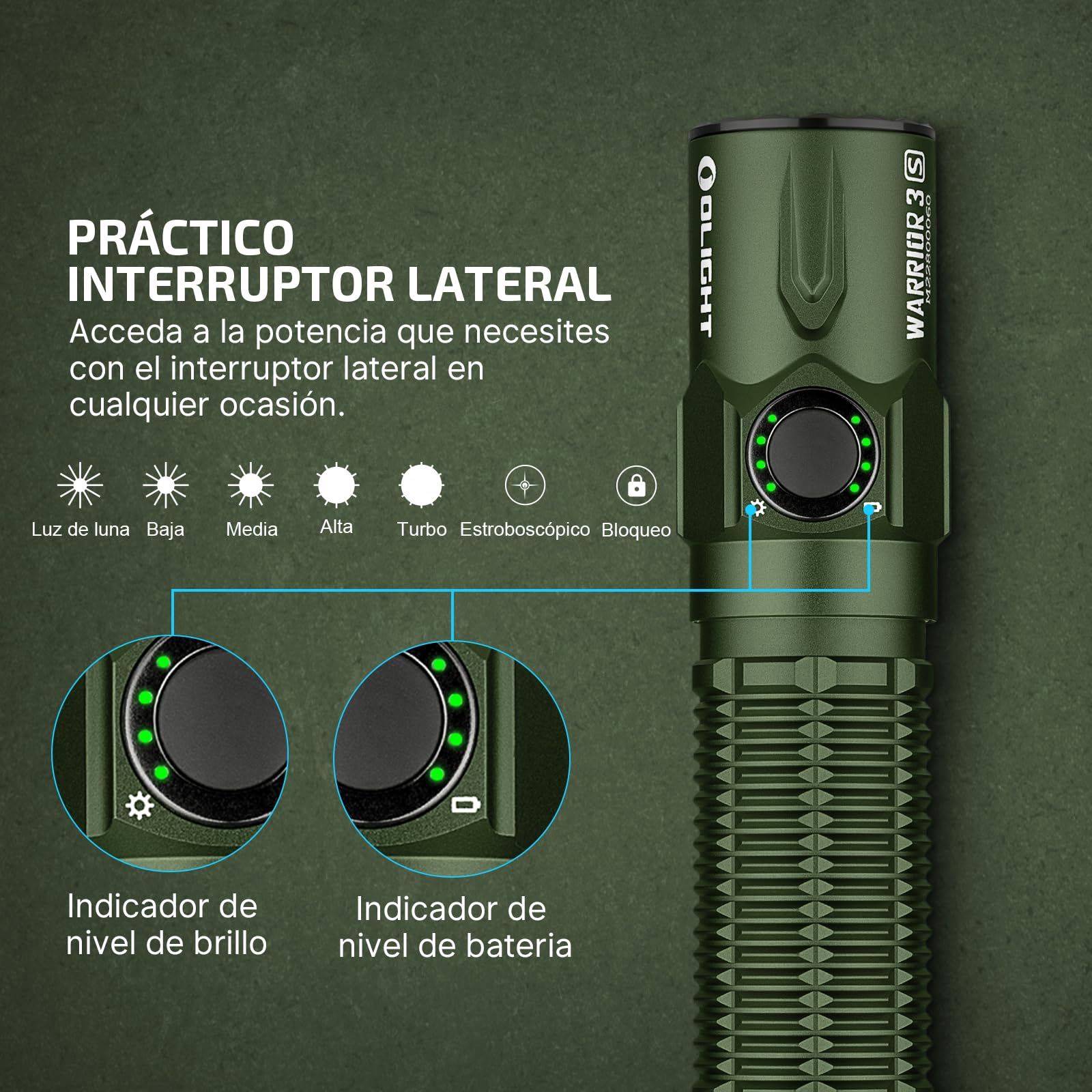 OLIGHT Warrior 3S Táctica Linterna 2300 LM 300M Carga mediante USB-C | Configuración de Sensor, Doble Interruptor, Impermeable IPX8, Adecuado Para Acampada, Senderismo y Emergencias