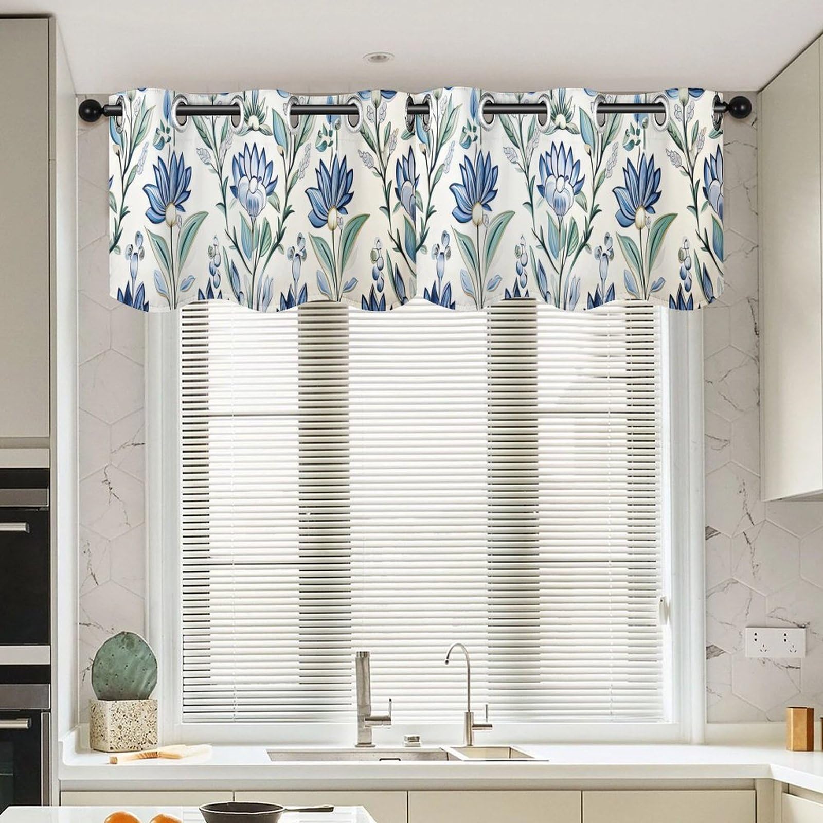 Cortina con cenefa floral azul rústica de 52 x 18 pulgadas para salón y cocina