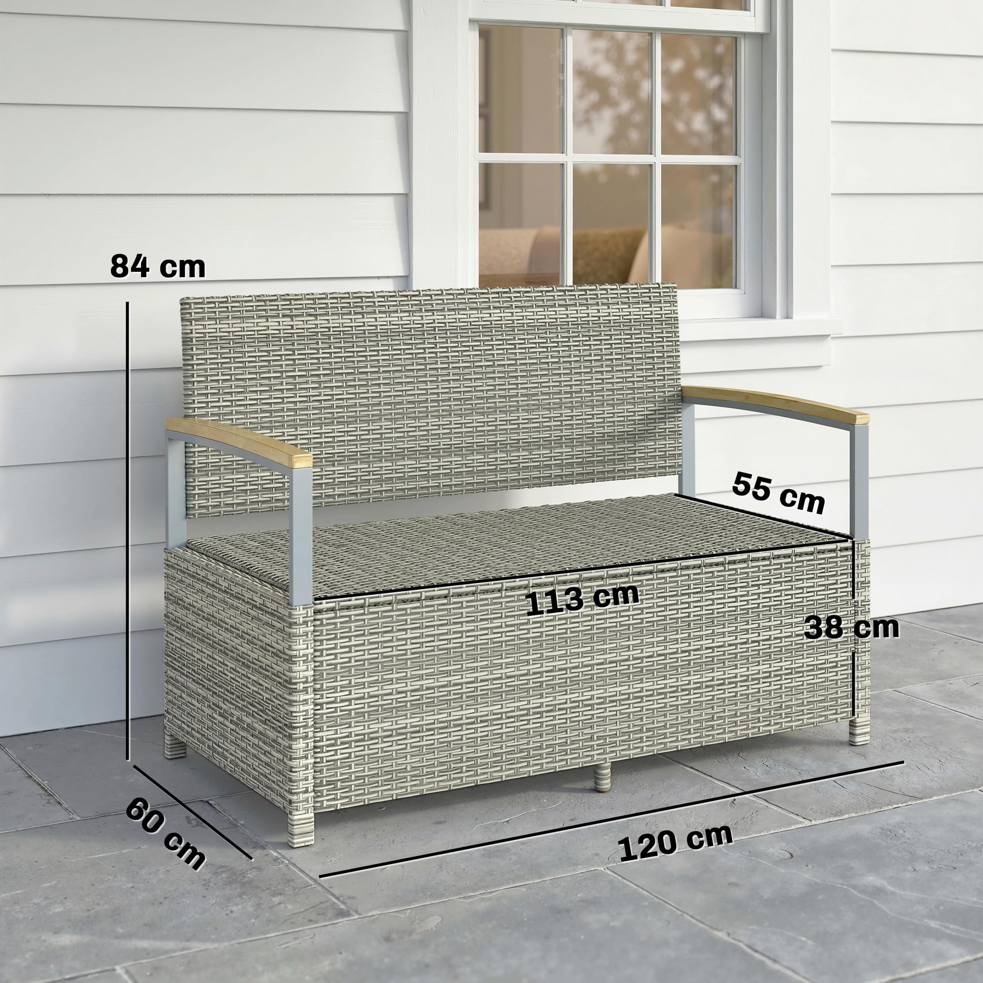 Outsunny Cassapanca Contenitore da Esterno in Rattan PE 170L, Panca Contenitore da Esterno 2 Posti con Braccioli in Legno di Acacia, Cuscino Lavabile, Fodera con Cerniera, Pistone a Gas, Grigio Chiaro