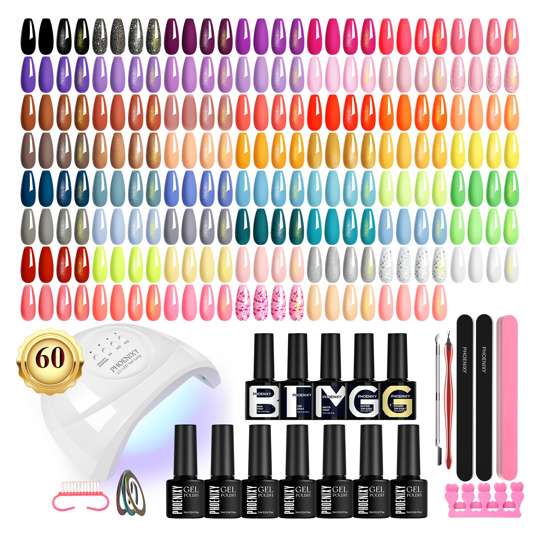 PHOENIXY Kit Uñas Semipermanentes Con Lámparas UV 55 Colors Esmaltes Semipermanentes Para Uñas 60 PCS Kit de Manicura Profesional Con 4 Capas Superiores de Efecto y Base Regalo Para Mujeres