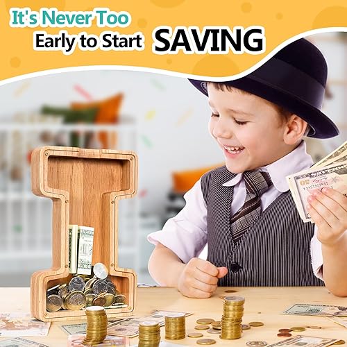 Miniatura 248 de SummiDate Alcancía de madera con nombre, niños y niñas, tamaño grande, letras alfabeto A-Z, monedas y billetes, inicial en cubierta transparente