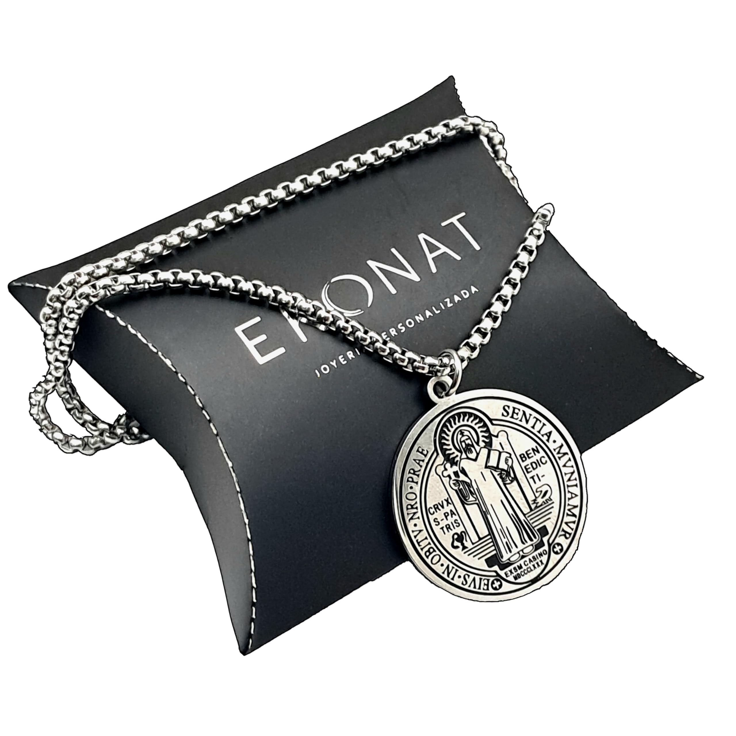 Ekonat- Medalla san benito - cruz de san benito - Medalla acero inoxidable con cadena 30 mm -acabado Brillo esmalte negro- Cadena de acero 55 cm