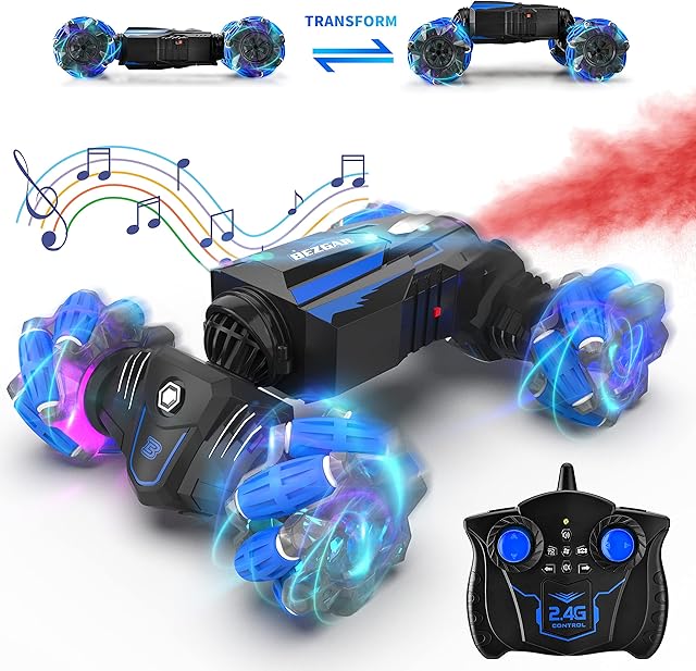 BEZGAR TD161 Remote Control Cars - 1:16 Scale RC Car, 4WD Transform All-Terrains RC Twist Stunt Car, with LED Light Music & Tail Spray, Rechargeable Toy Vehicle for Boys Kids Girls