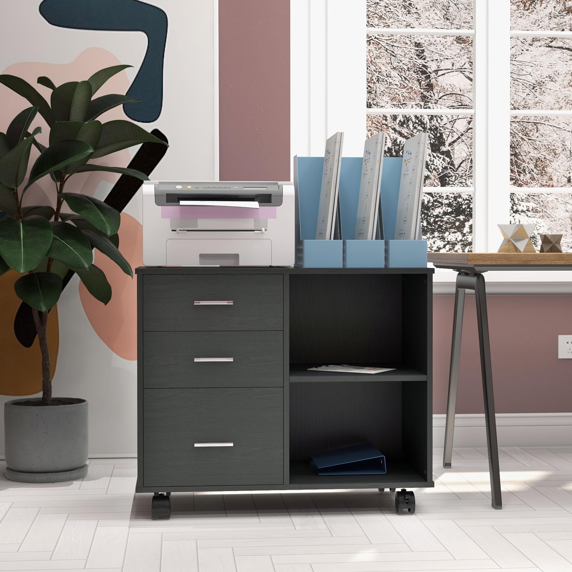 HOMCOM Support d'imprimante Organiseur Bureau Caisson 3 tiroirs + 2 niches + Grand Plateau Panneaux Particules Noir