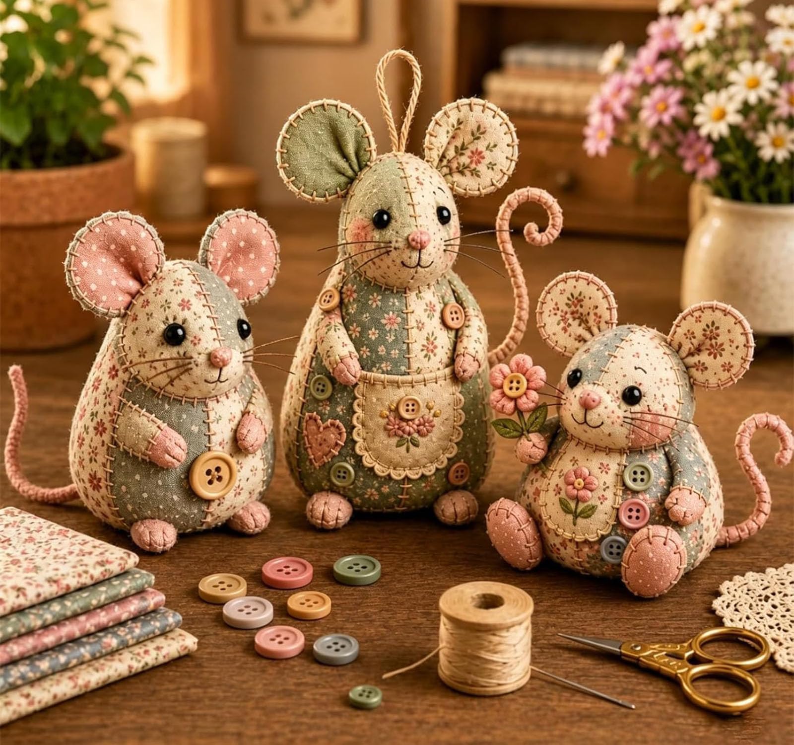 Kit de bricolaje de ratón de patchwork, lindo kit de bricolaje de adorno de ratón, con tela floral, relleno, botones, juego de manualidades de costura hecho a mano, para adultos, principiantes (3SET)
