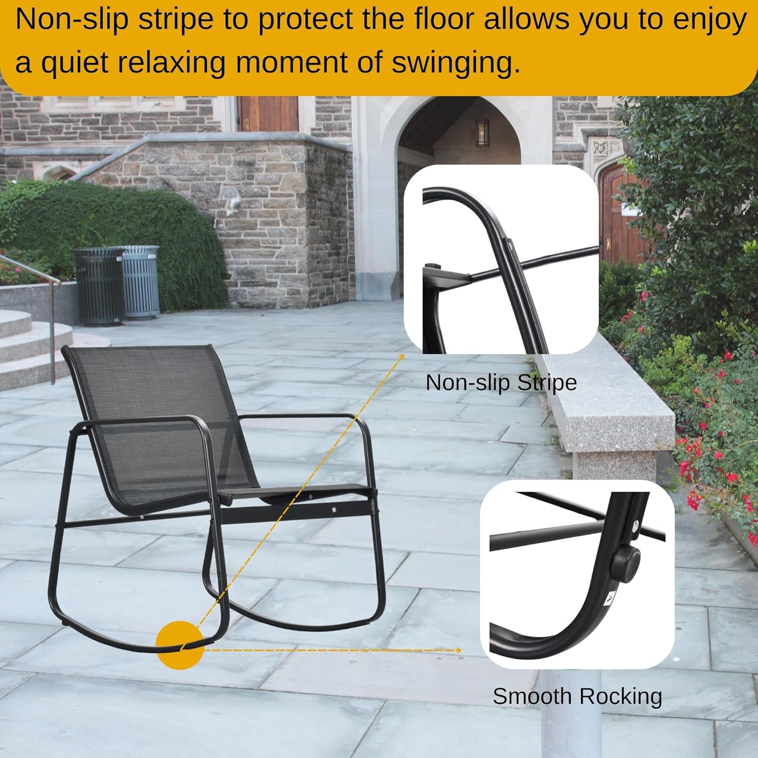 DWVO Black 3-Piece Patio Bistro Set, Outdoor Textilene Furniture with 2 Rocking Chairs and Coffee Table for Backyard Lawn Garden Balcony Poolside