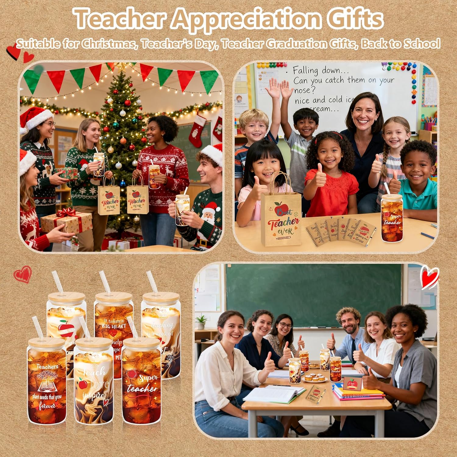 54Pcs/6Set Teacher Appreciation Gifts Set End of Year Thank You Gift Bulk with 16oz Glass Cups Notebooks Love Bookmark Pen Keychain Greeting Cards with Gift Bags for Holiday Christmas(Wood Color)