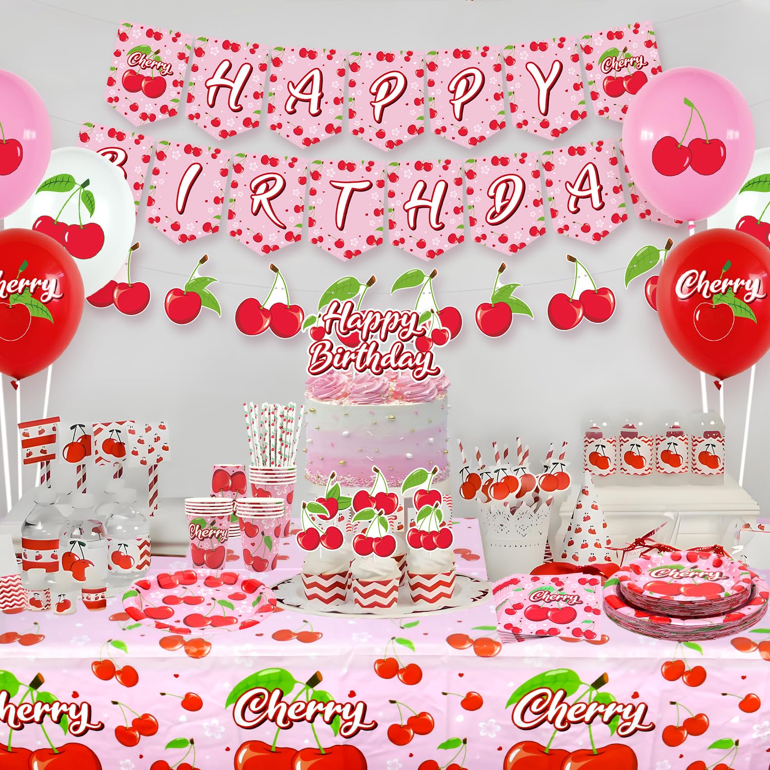 Decorazioni per feste di compleanno di ciliegia, accessori per feste di ciliegia, tra cui striscioni, piatti, topper per torte, tazze, tovaglioli, palloncini, tovaglia, 20 (LQ)