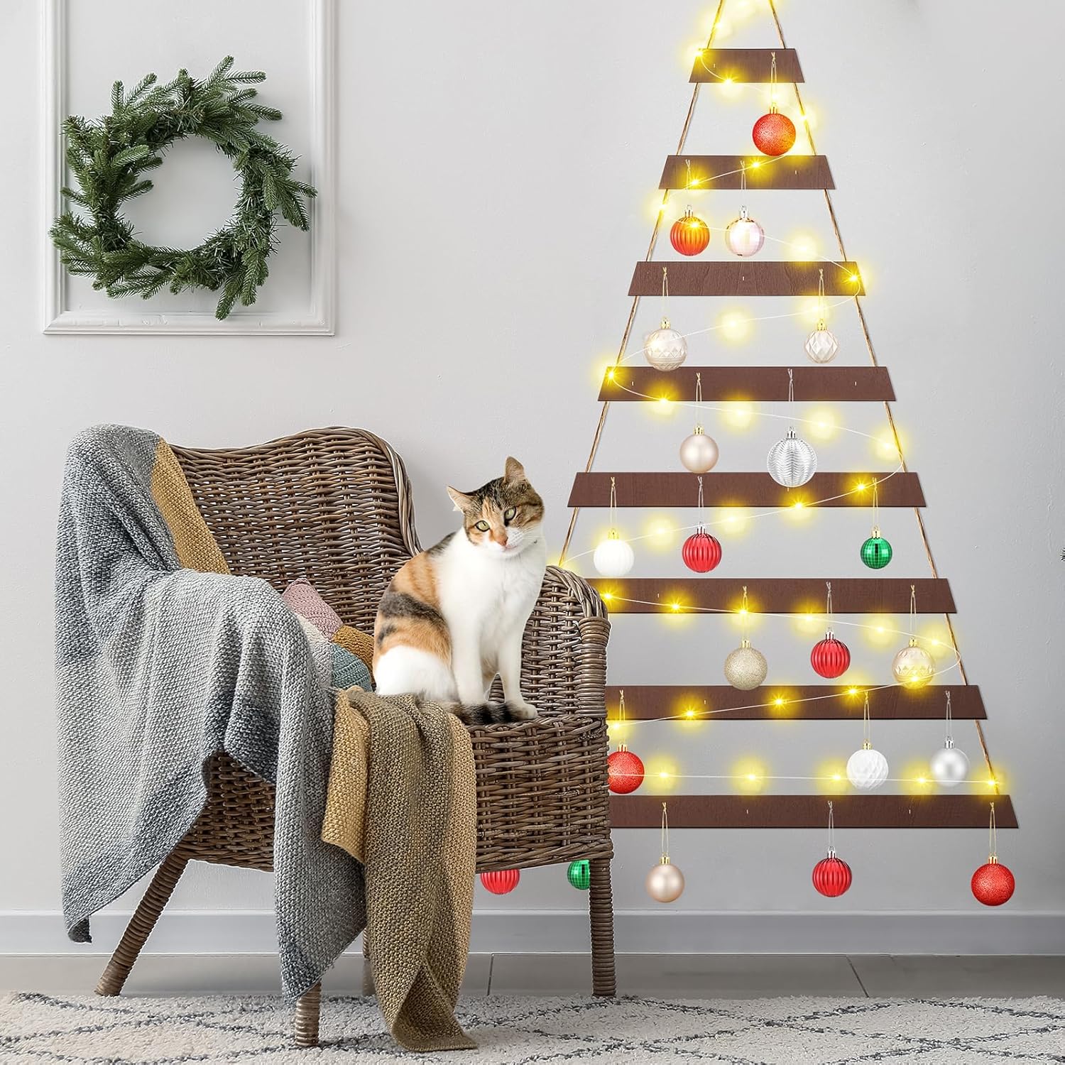 Cat Proof Wall Christmas Tree with Light Hanging Mounted Wood Christmas Trees Wall Hanging Xmas Decor with Hooks Wooden Flat for Xmas Holiday Decoration Cat Home Indoor Office Party Supply
