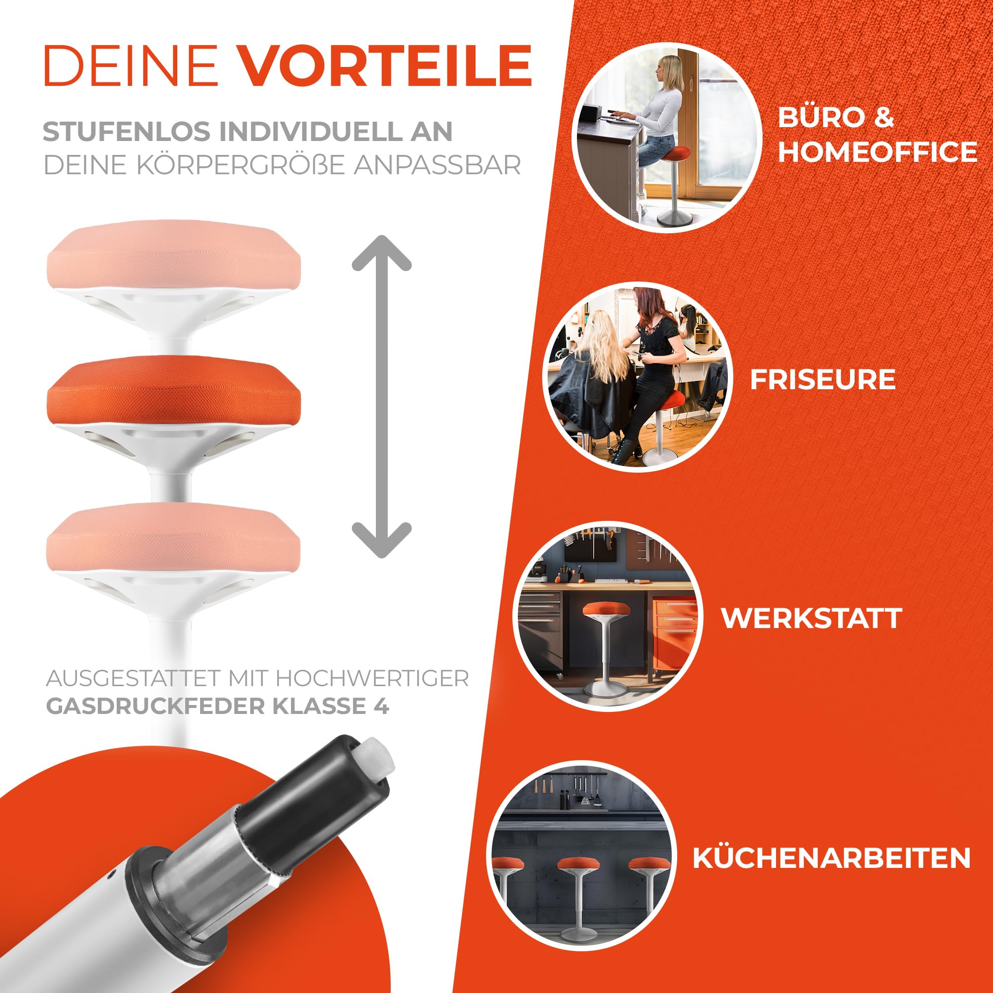 SMART-Sitzen: Bürohocker [PREMIUM QUALITÄT] Sitzhocker ergonomisch für Arbeit & Freizeit|Ergonomischer Hocker höhenverstellbar|Schwingeffekt [rutschfest] Stehhocker|Hocker für Homeoffice (Orange)