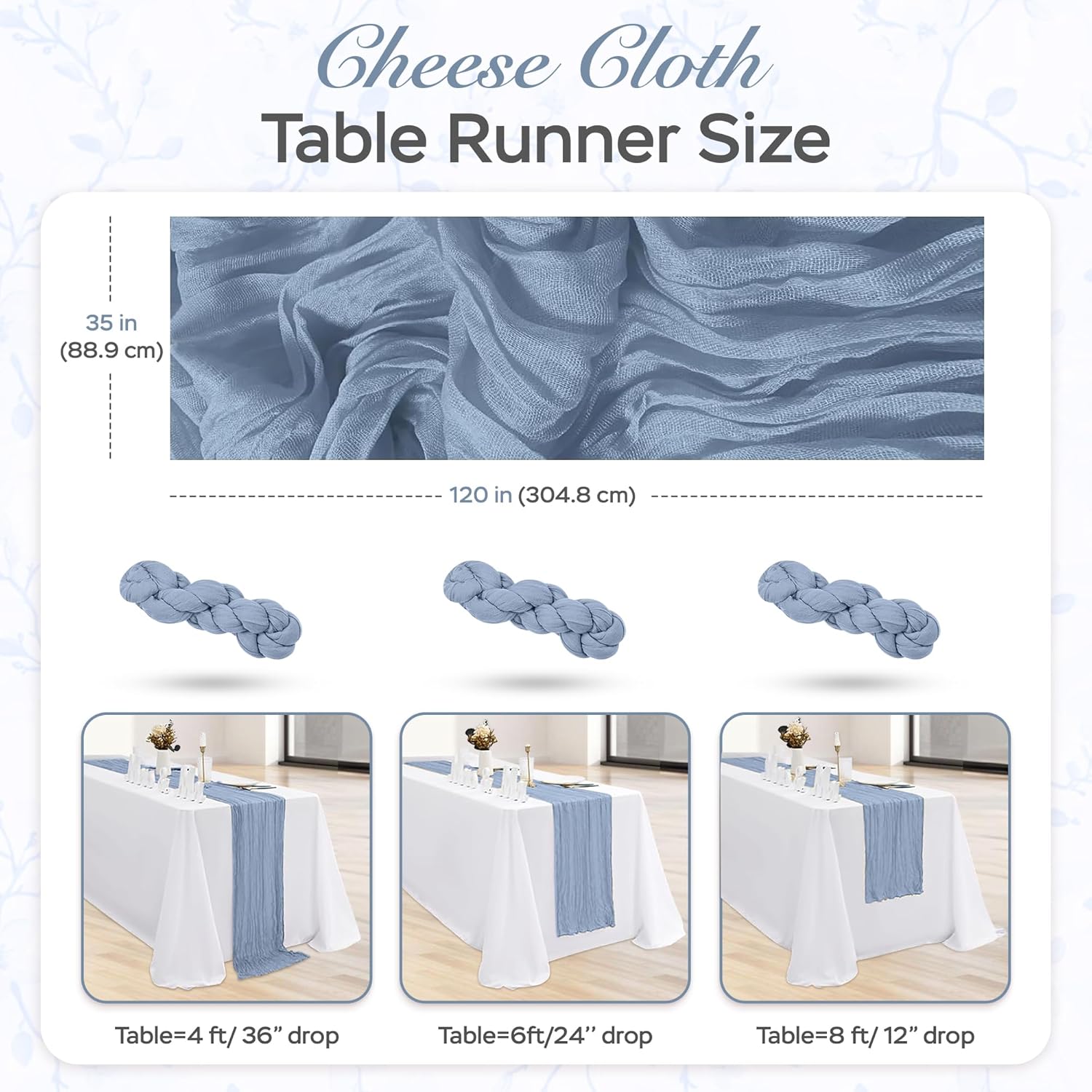 Cheesecloth Table Runner 8 Pack – 35x120 Inch (10ft) Boho Rustic Gauze Cloth Runners – Crinkle Polyester Table Decor for Wedding, Baby Shower, Bridal Shower, Birthday Party and More (Dusty Blue)