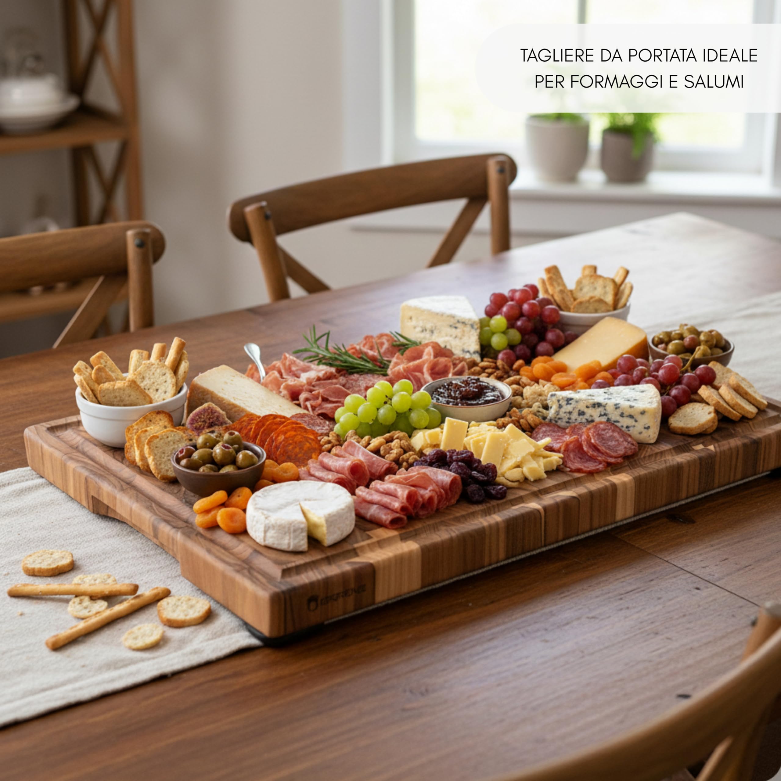 Erreke Tagliere in Legno di Teak End Grain, 58x38x3,2 cm, Extra Grande | con Scanalatura Raccogli-Succhi. Piedini Antiscivolo e Manici Integrati. Tagliere Legno Cucina. Tagliere da Portata