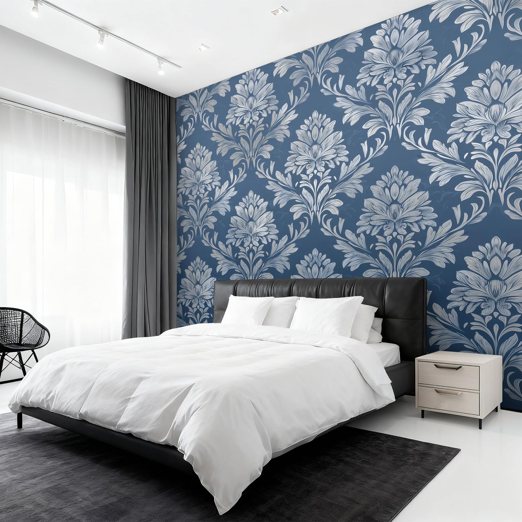 Papier peint baroque intissé bleu damas 450x315 cm grand format pour salon