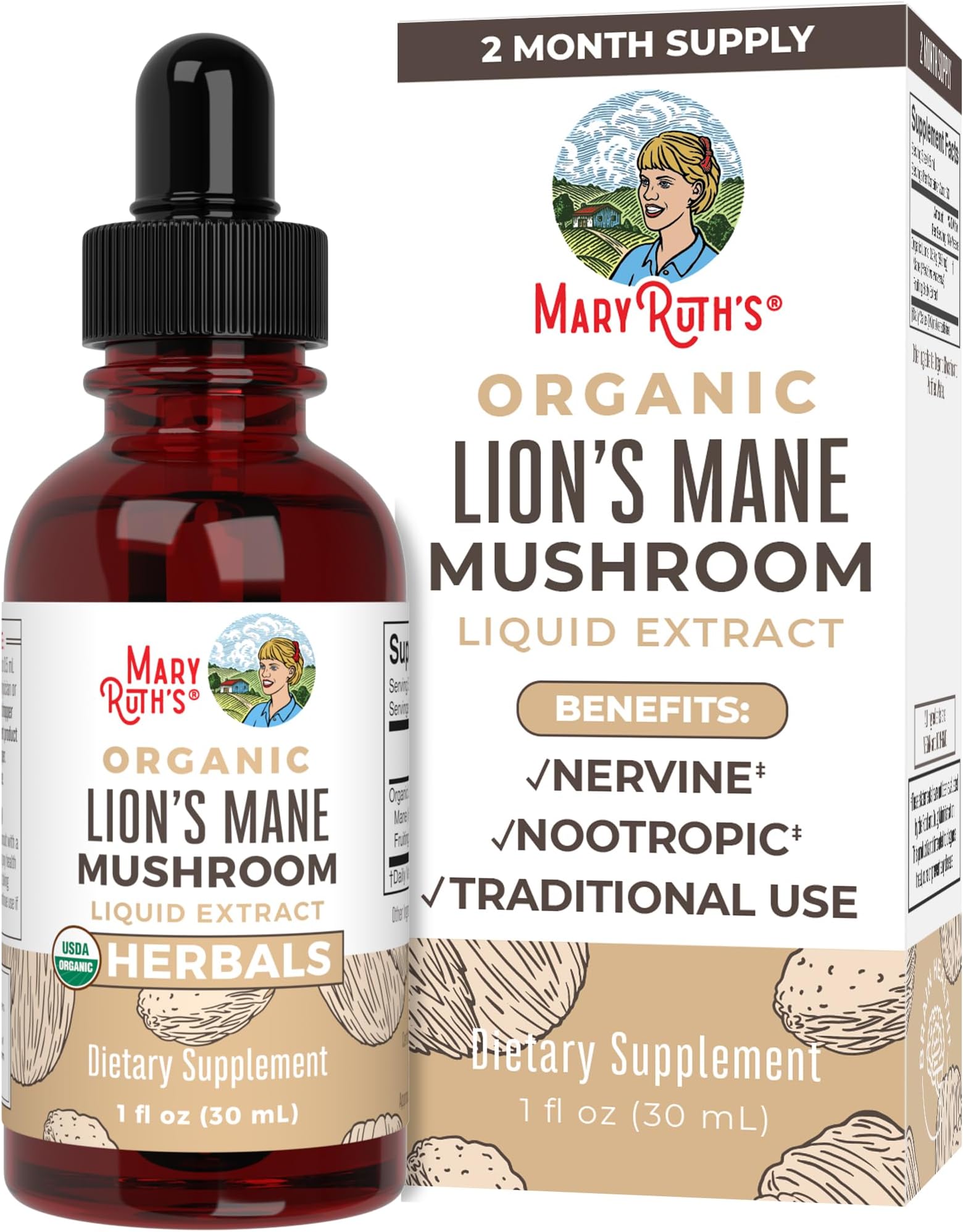 MARYRUTH'S Lions Mane Mushroom Supplement | Nootropic USDA Organic Lions Mane Extract 1,180mg | Nervine Herbal Liquid Drops | Brain Health | Focus & Memory | Non-GMO | Vegan | Alcohol Free | 1 Fl Oz