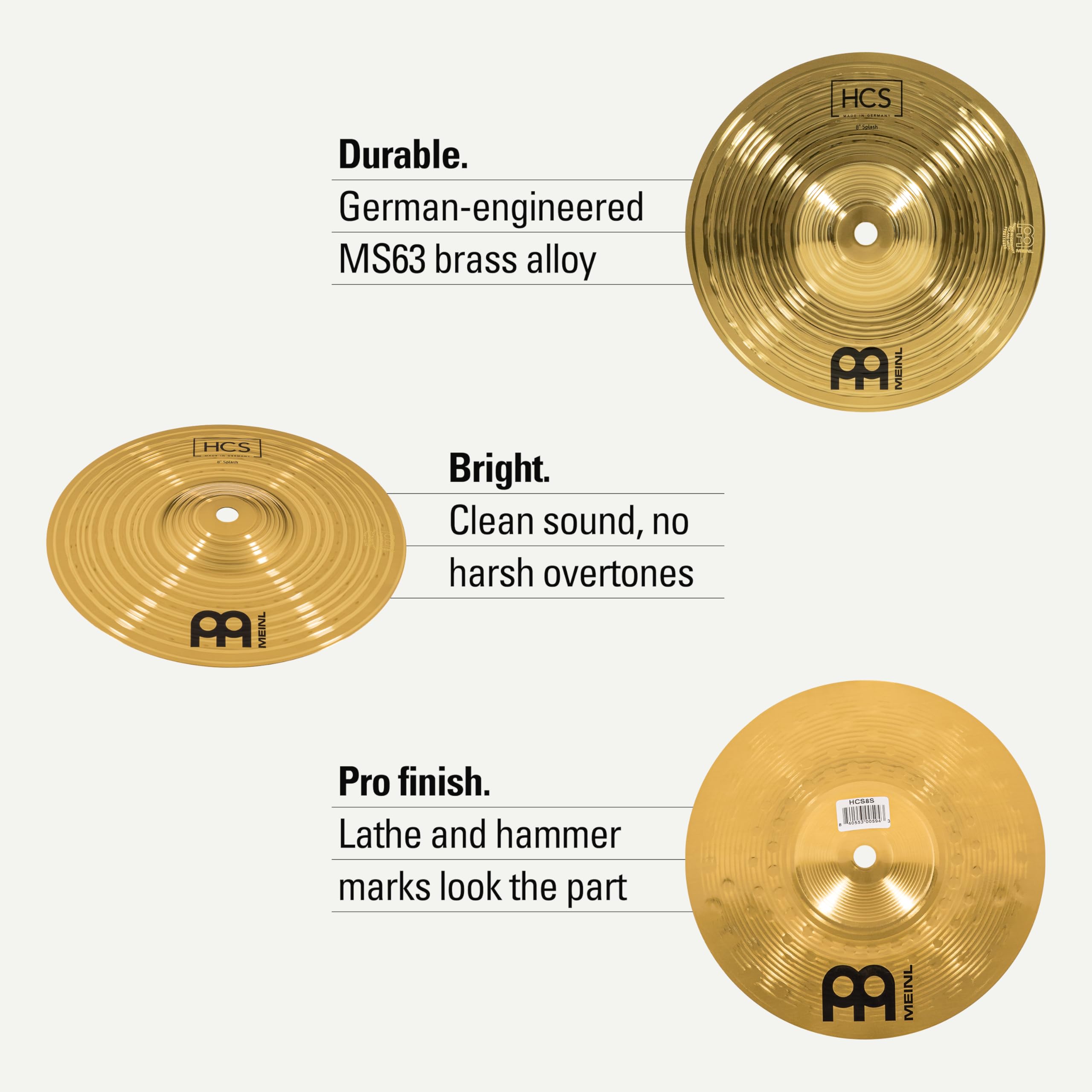 Meinl Cymbals HCS piato Splash 8 pollici (20,32cm) per Batteria – Finitura Tradizionale Ottone, Made In Germany (HCS8S)