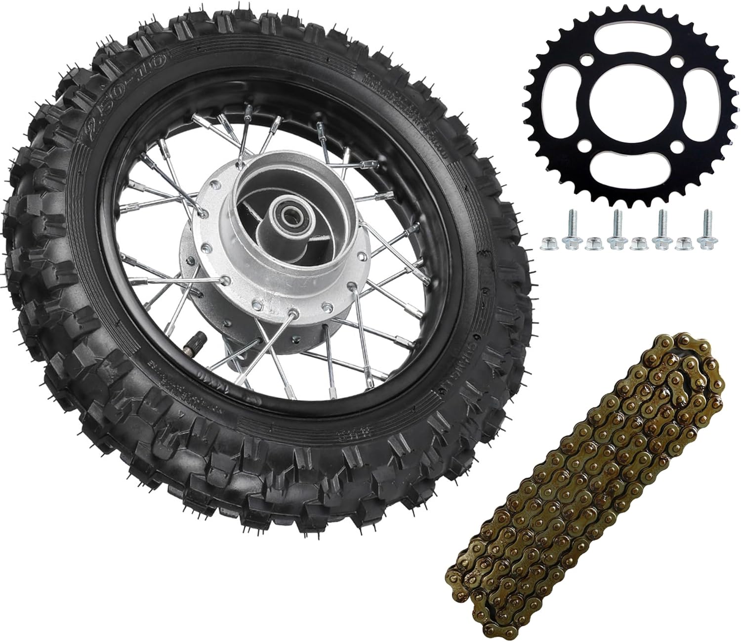 10" Drum Brake Rear Wheel 2.50-10 Dirt Bike Tire on Rim with 420 Chain 37T Sprocket for XR50 CRF50 SSR Coolster Apollo 70cc 110cc TTR50 PW50 Pit Bike Off-Road Motorcycle CRF XR 50