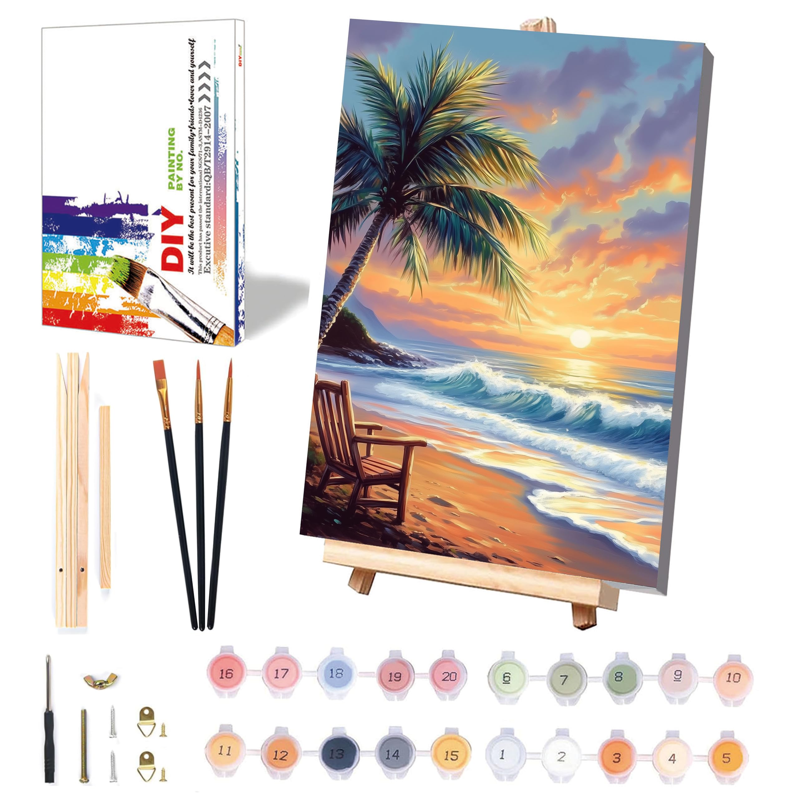 Beach Paint by Numbers for Adults with Framed Canvas & Wooden Easel, Landscape Adult Painting by Number Kit on Canvas, DIY Sunset Acrylic Oil Painting Kit with Brushes for Home Wall Decor 8x12 inch